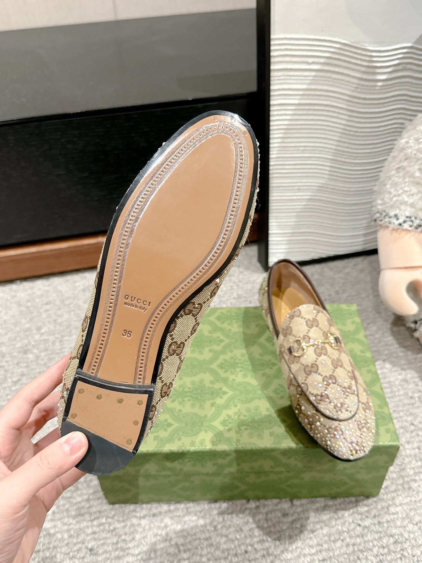 Luxury Gucci Horsebit Jordaan Loafer Beige Ebony Canvas Crystal-Embellished