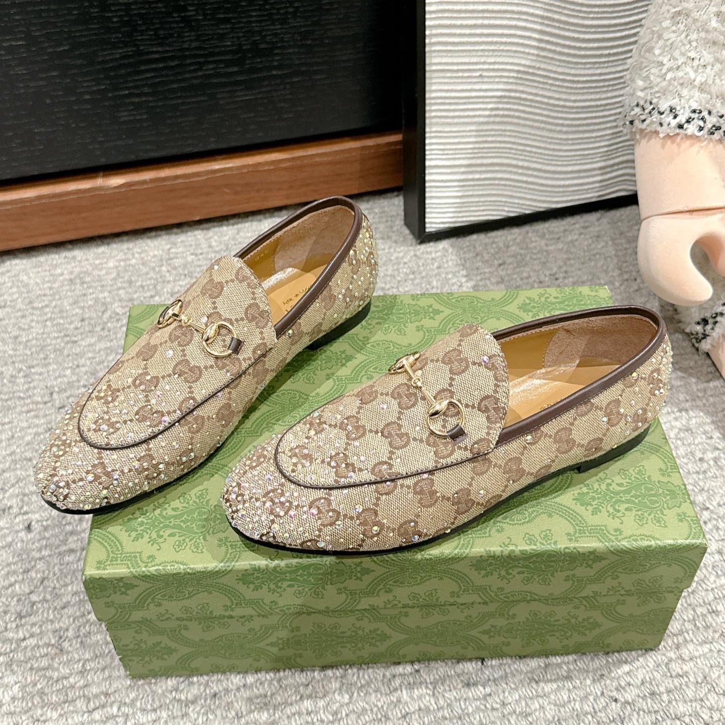 Luxury Gucci Horsebit Jordaan Loafer Beige Ebony Canvas Crystal-Embellished