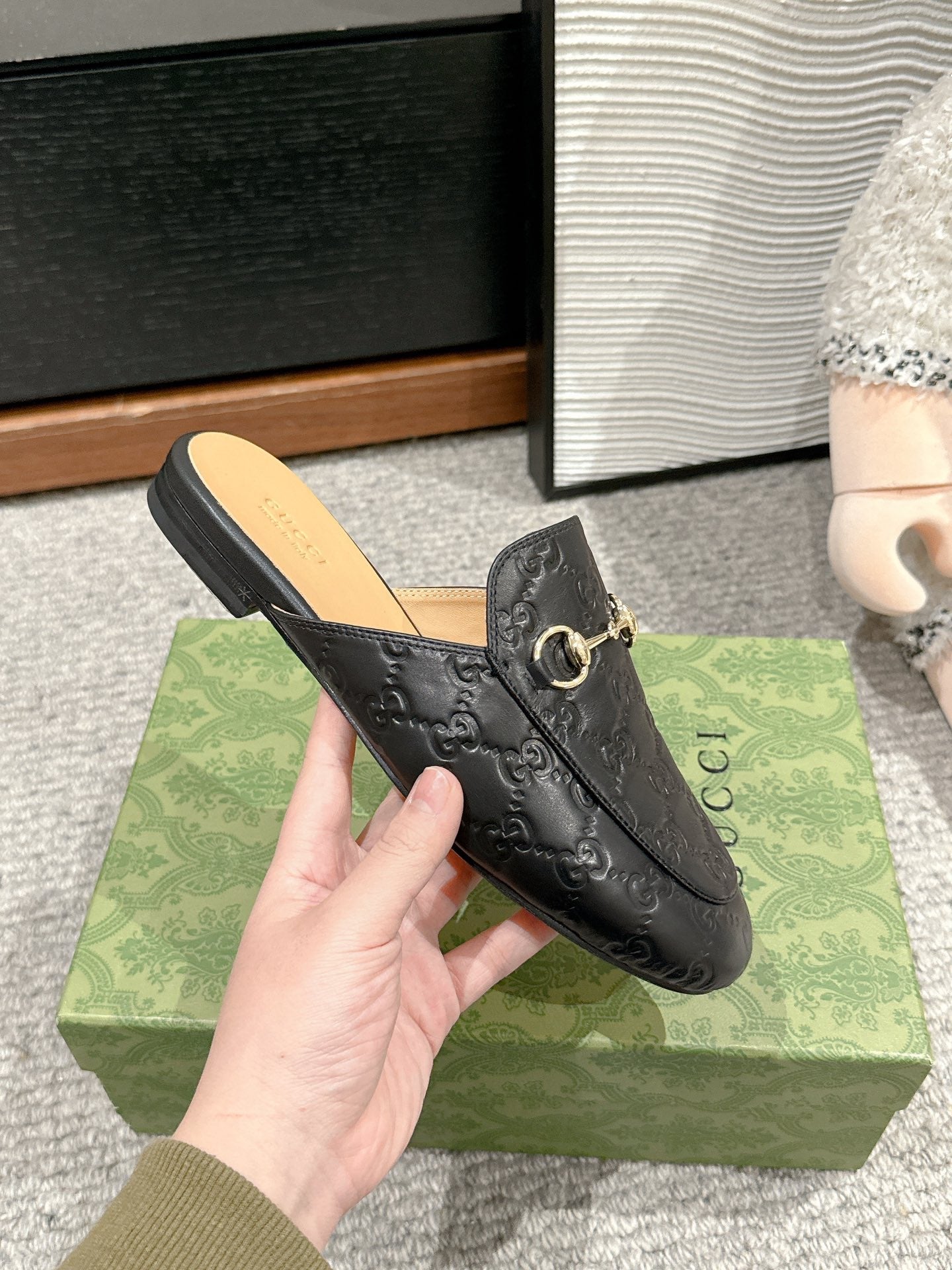 Luxury Gucci Horsebit Mule Black GG Leather