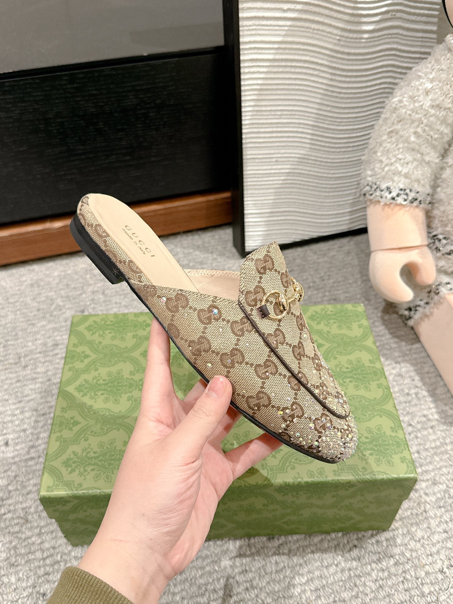 Luxury Gucci Horsebit Mule Beige Ebony Canvas Crystal-Embellished