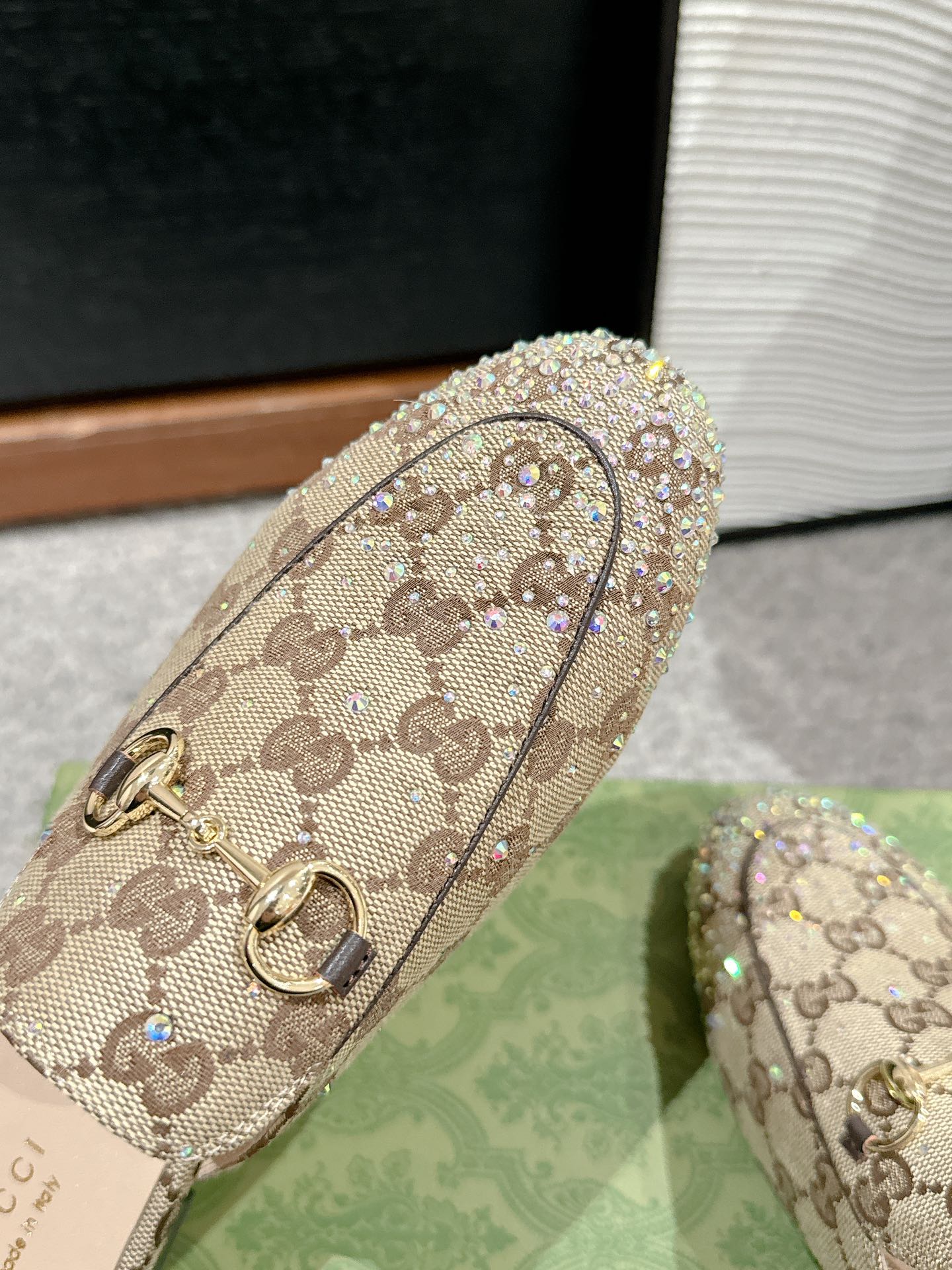 Luxury Gucci Horsebit Mule Beige Ebony Canvas Crystal-Embellished