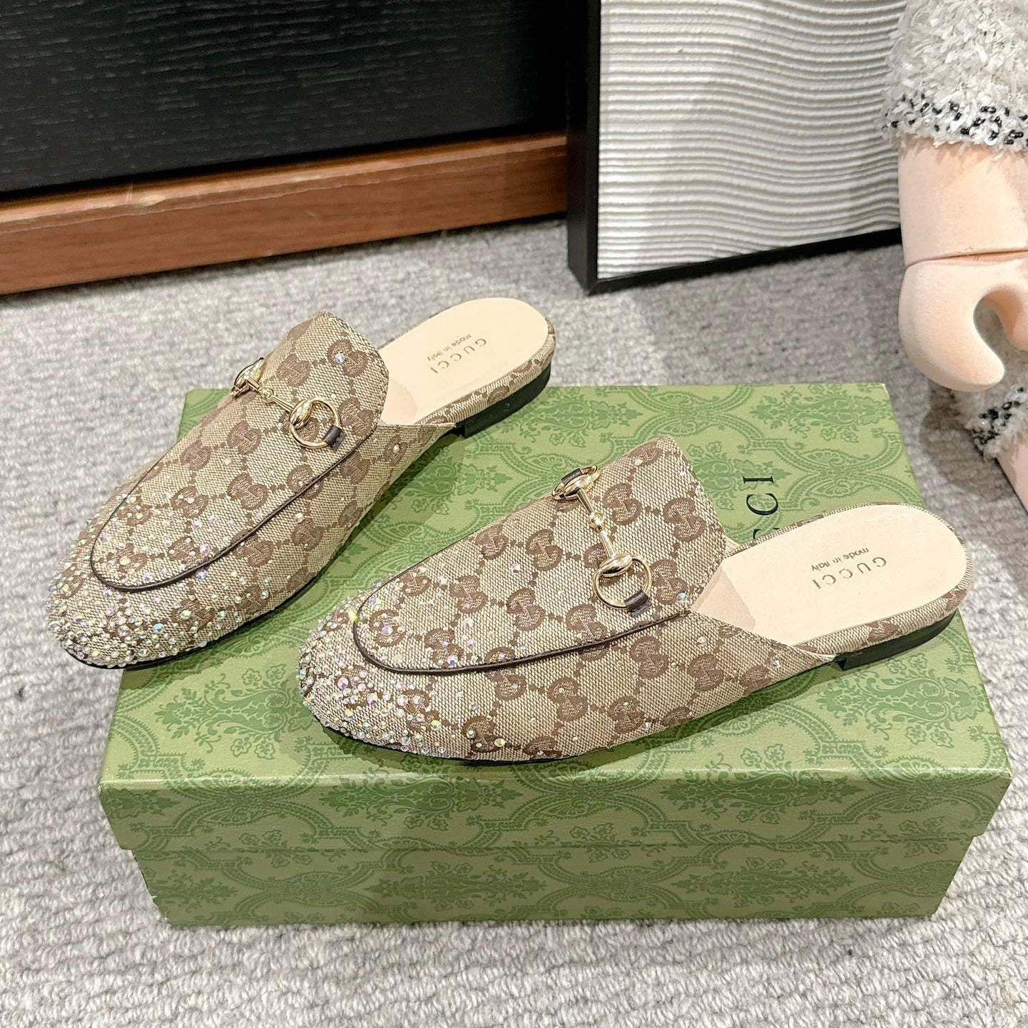 Luxury Gucci Horsebit Mule Beige Ebony Canvas Crystal-Embellished