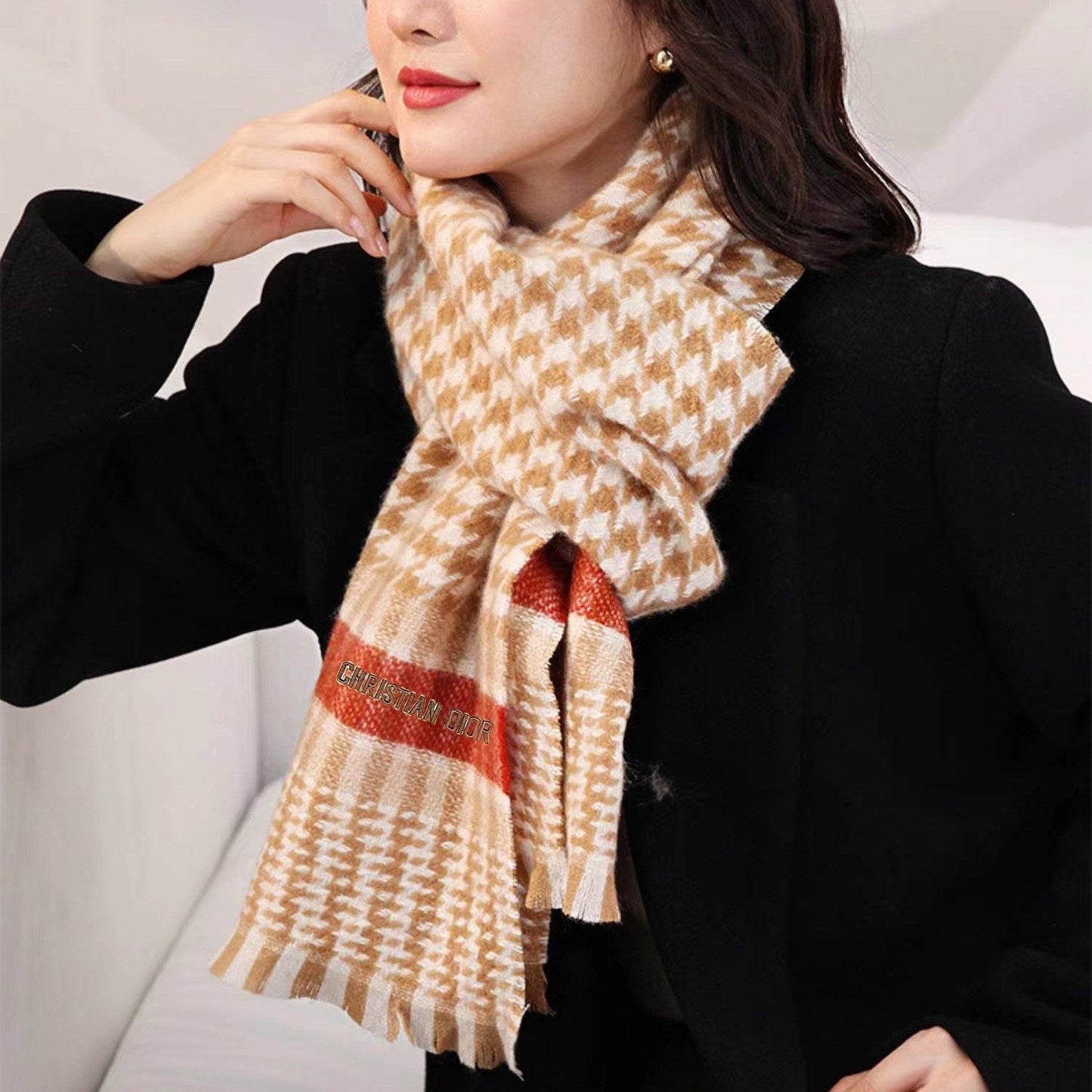 Luxury DiorSCARF 190 CM IN PEANUT BROWN MIX WHITE CASHMERE 416802