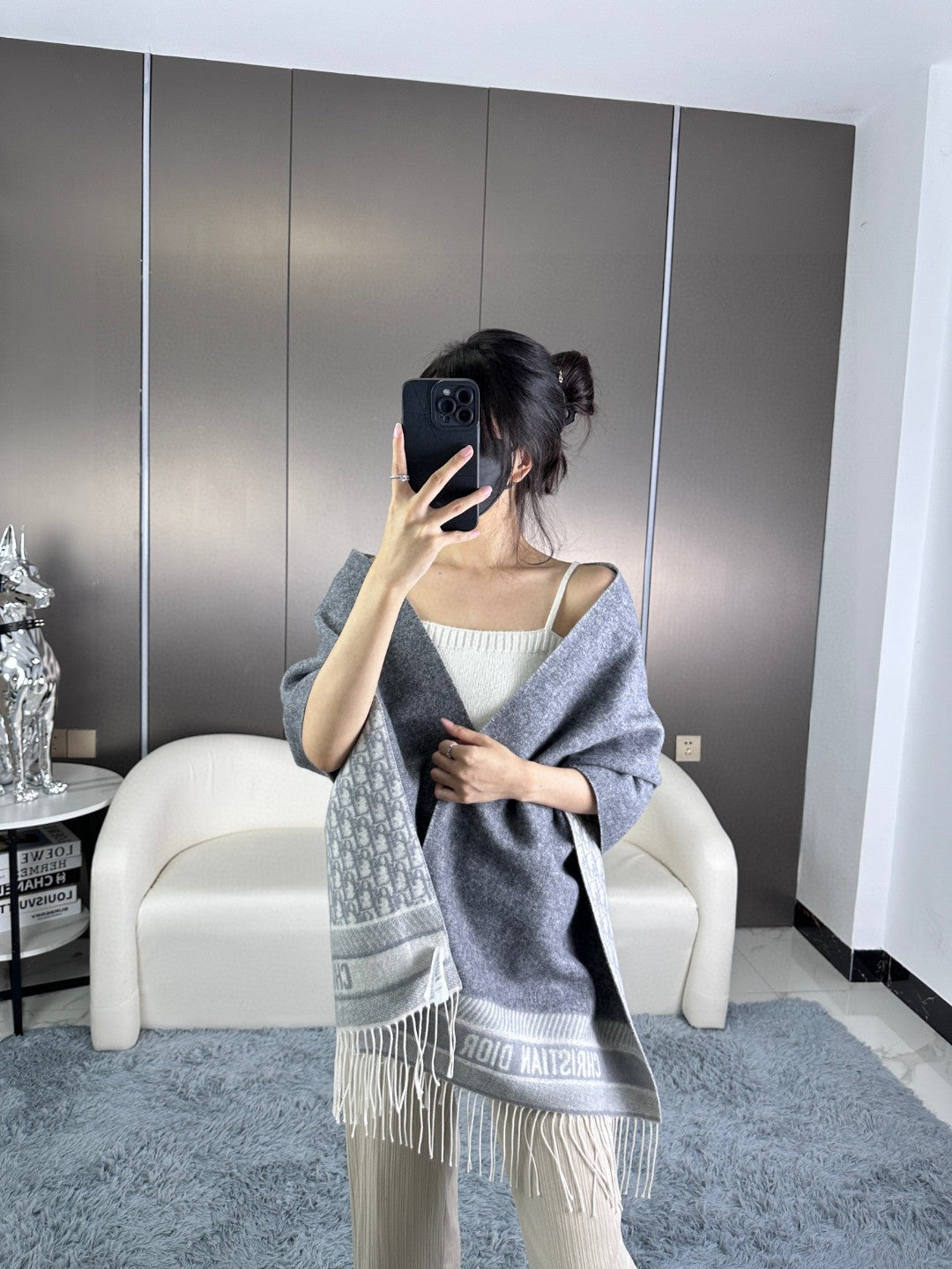 Luxury DiorSCARF IN PALE GRAY MONOGRAM CASHMERE 413720