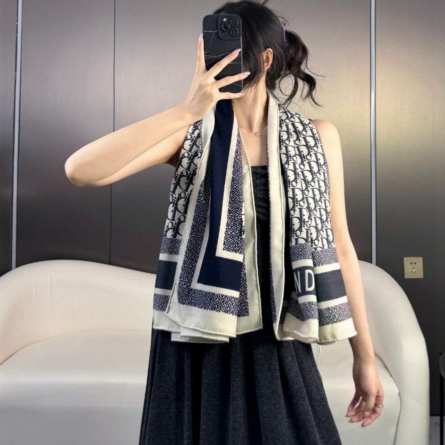 Luxury DiorMONOGRAM SQUARE SCARF 140 CM IN BLACK MIX WHITE  CASHMERE AND SILK 413742