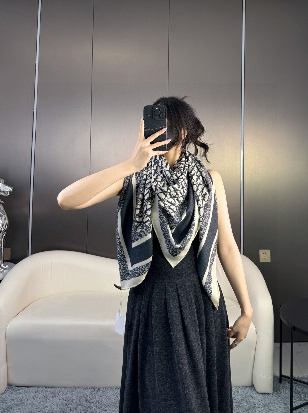 Luxury DiorMONOGRAM SQUARE SCARF 140 CM IN BLACK MIX WHITE  CASHMERE AND SILK 413742