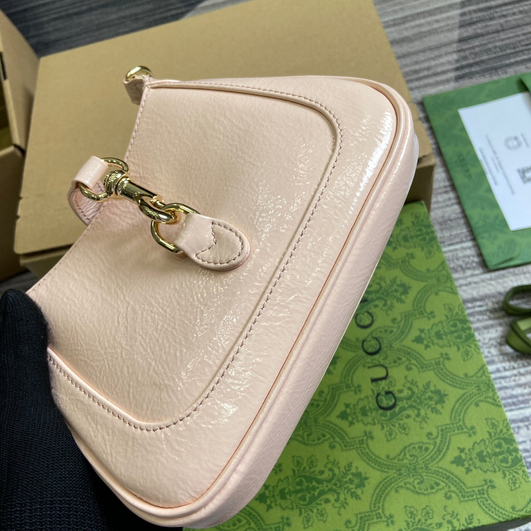 Luxury Gucci JACKIE NOTTE MINI BAG 19 IN LIGHT PINK CRACKED LACQUER CALFSKIN GOLD HARDWARE