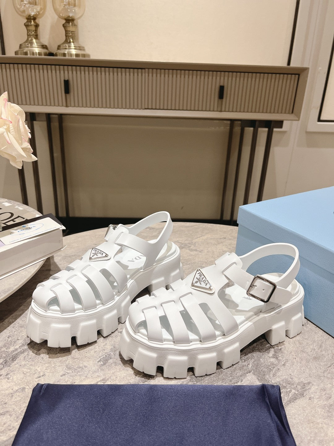 Luxury PradaRubber Monolith Sandals White