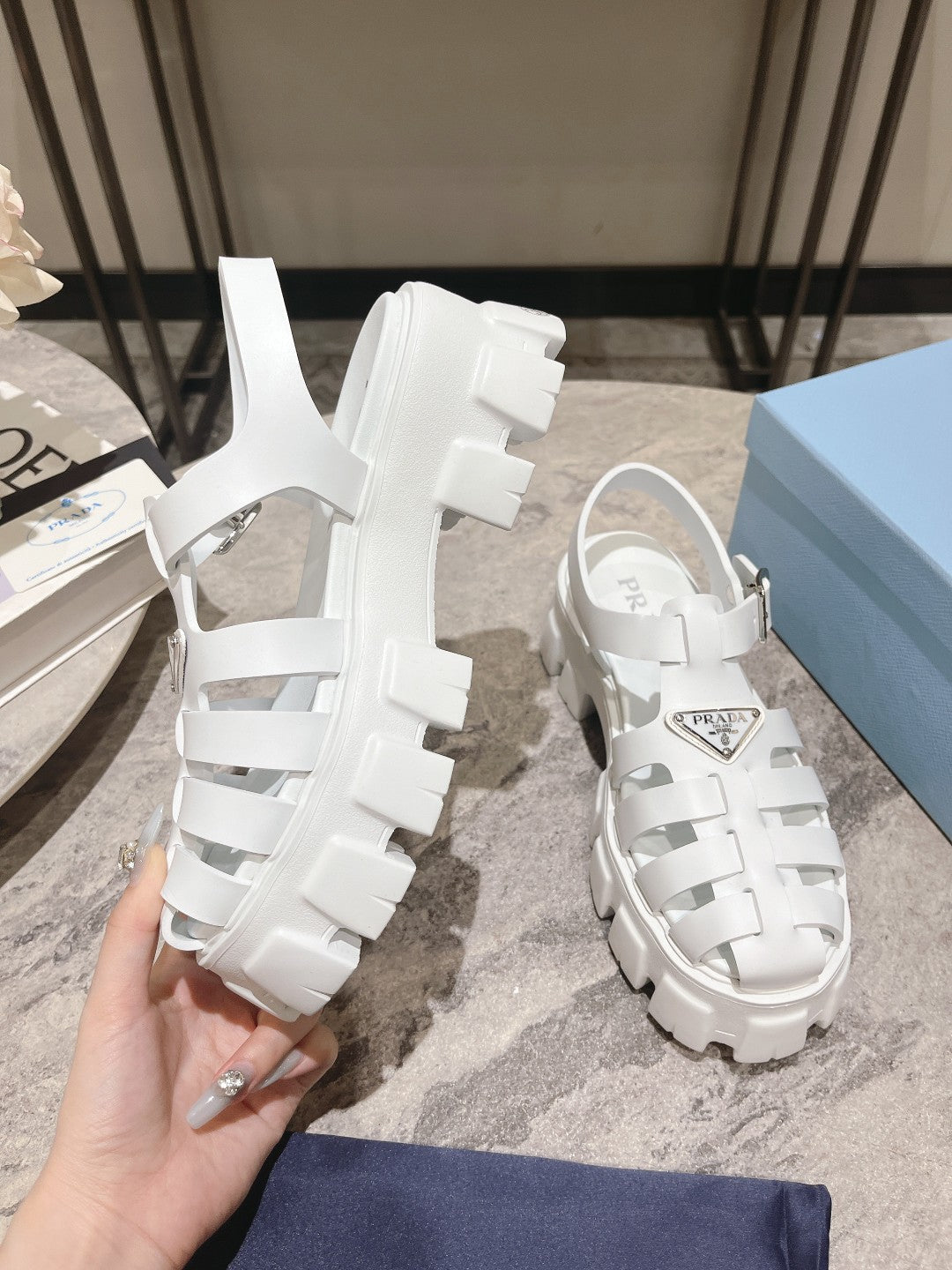 Luxury PradaRubber Monolith Sandals White