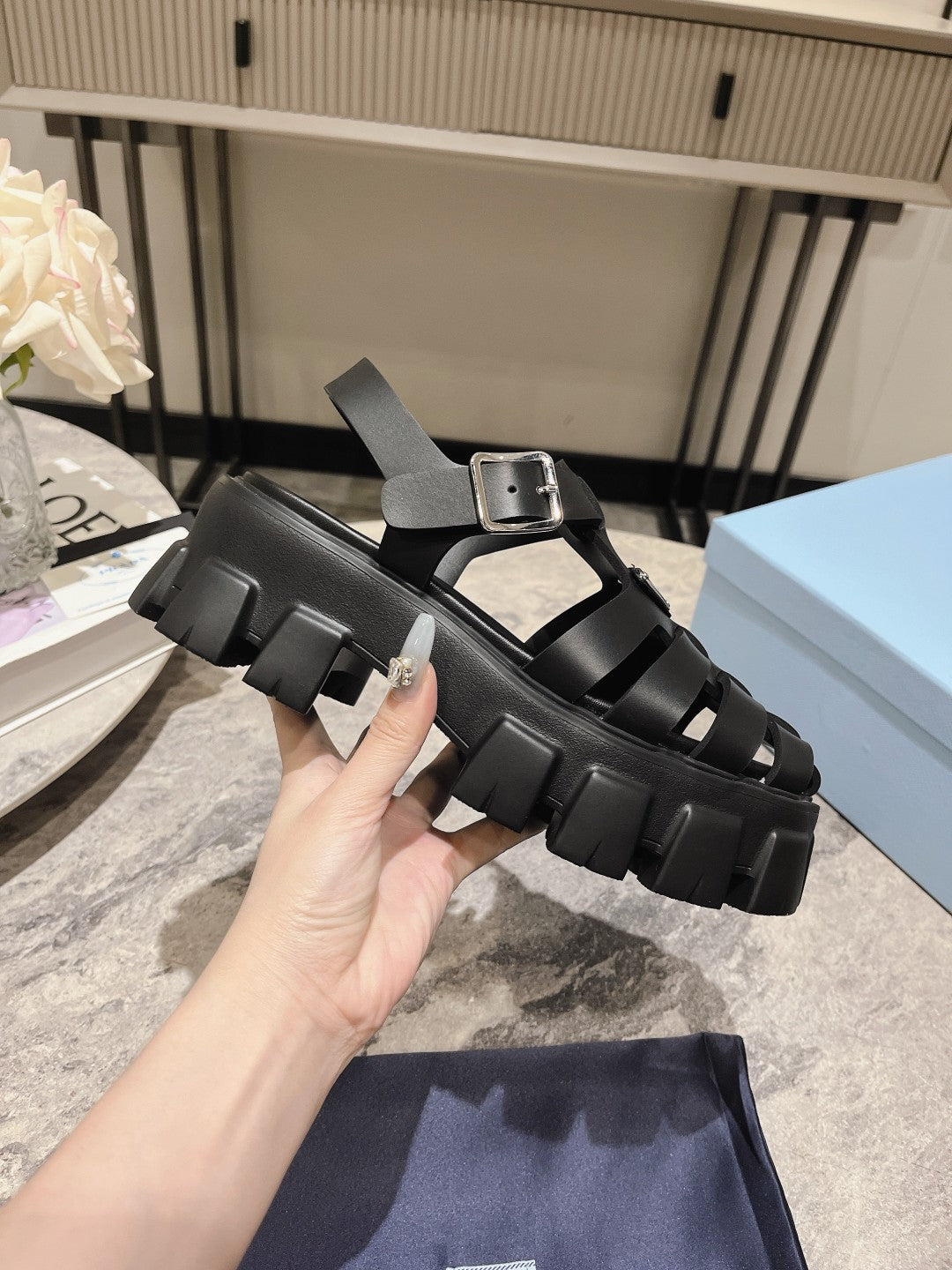 Luxury PradaRubber Monolith Sandals Black