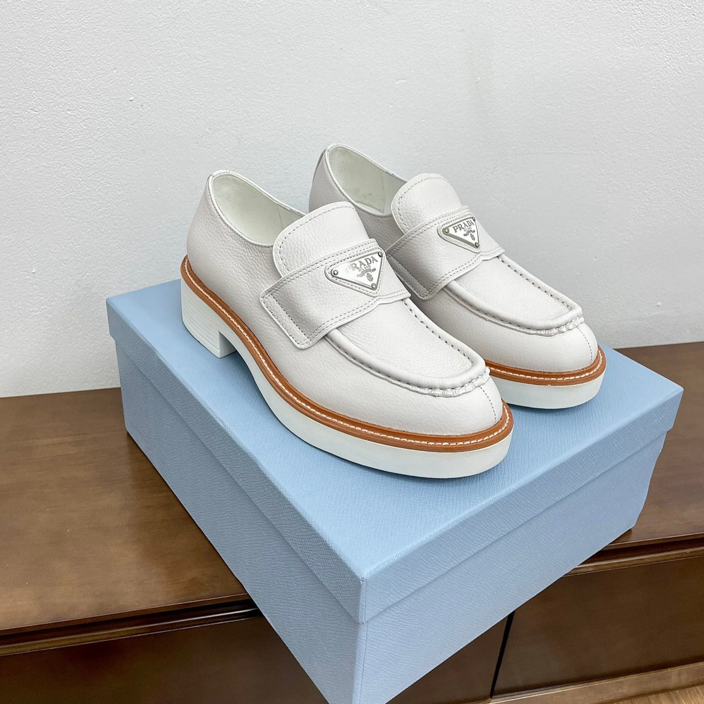 Luxury PradaCHOCOLATE BRUSHED LOAFERS WHITE CALFSKIN