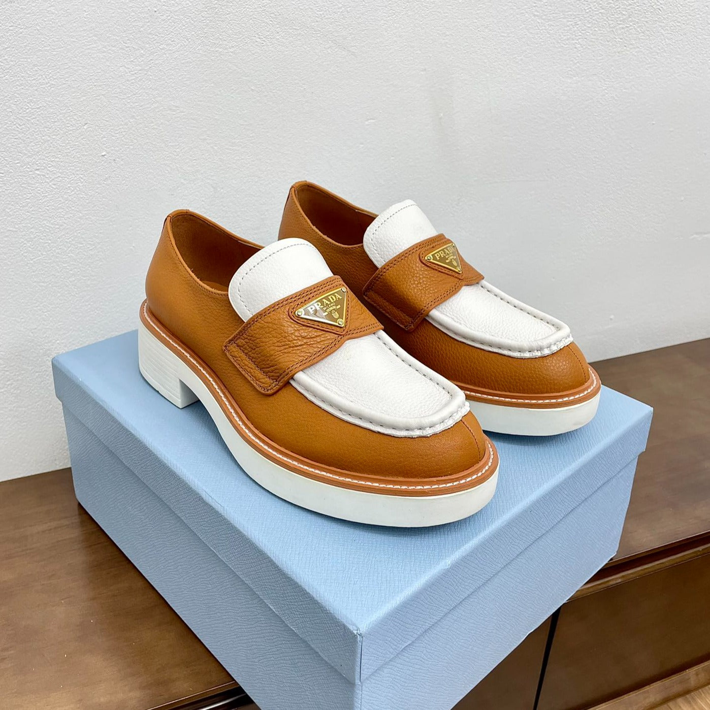 Luxury PradaCHOCOLATE BRUSHED LOAFERS WHITE AND BRONZE CALFSKIN