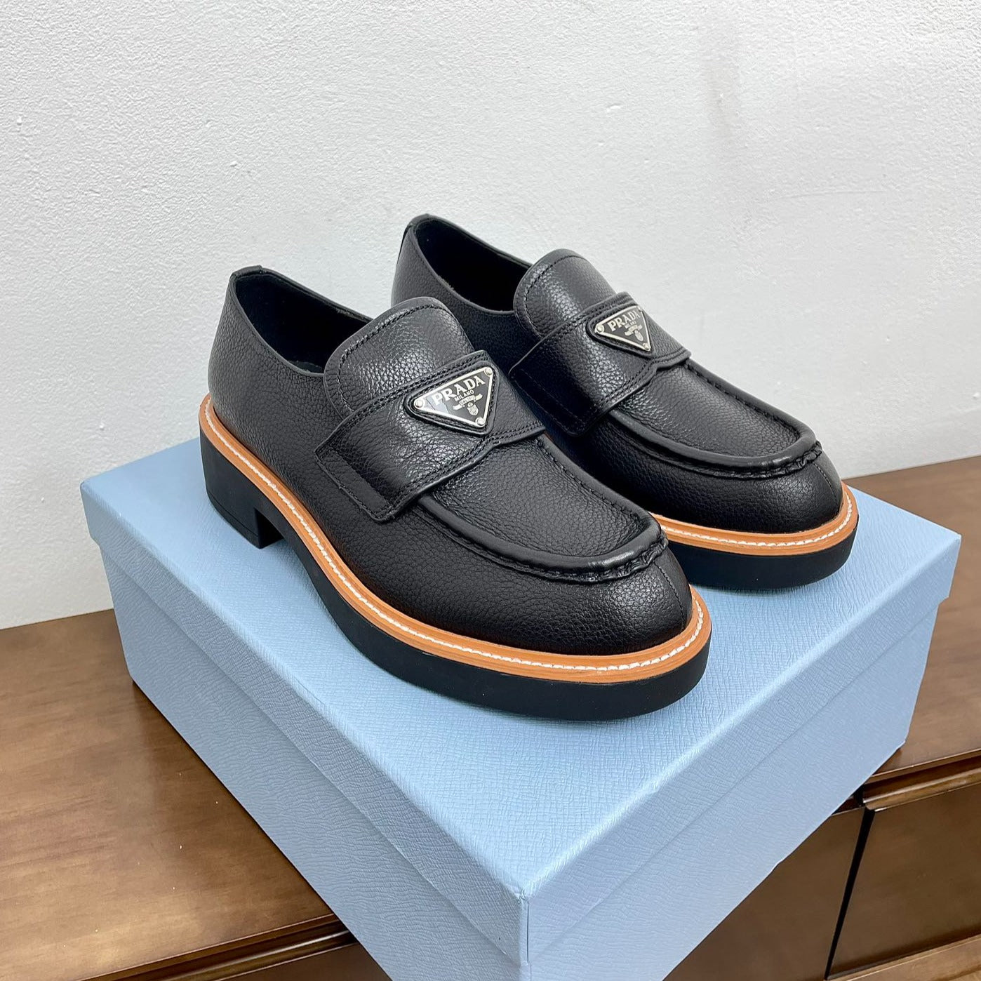 Luxury PradaCHOCOLATE BRUSHED LOAFERS BLACK CALFSKIN