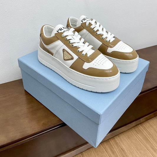 Luxury PradaDOWNTOWN BOLD SNEAKERS WHITE AND PEANUT CALFSKIN