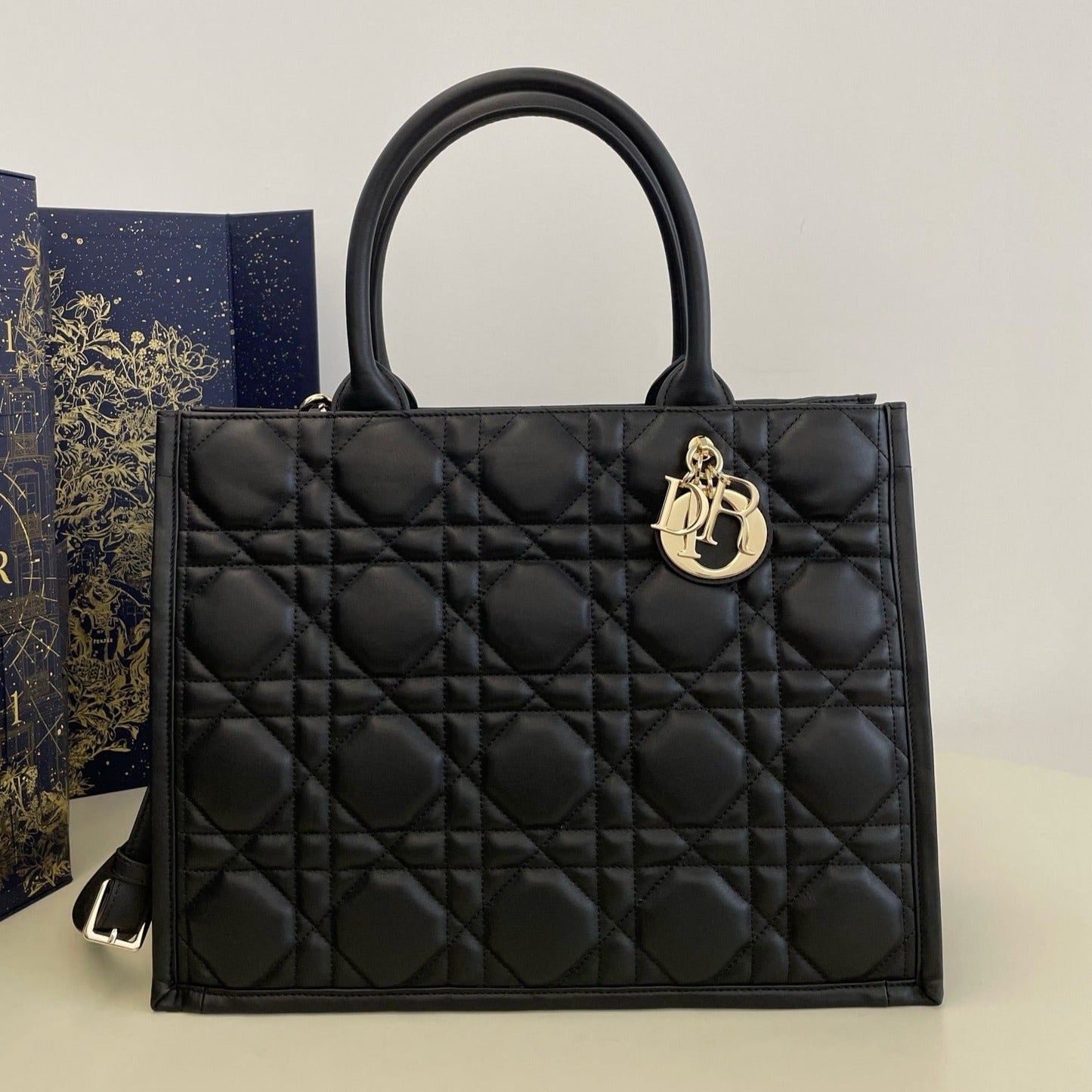 Luxury Diormedium book tote 36 black lambskin gold hardware
