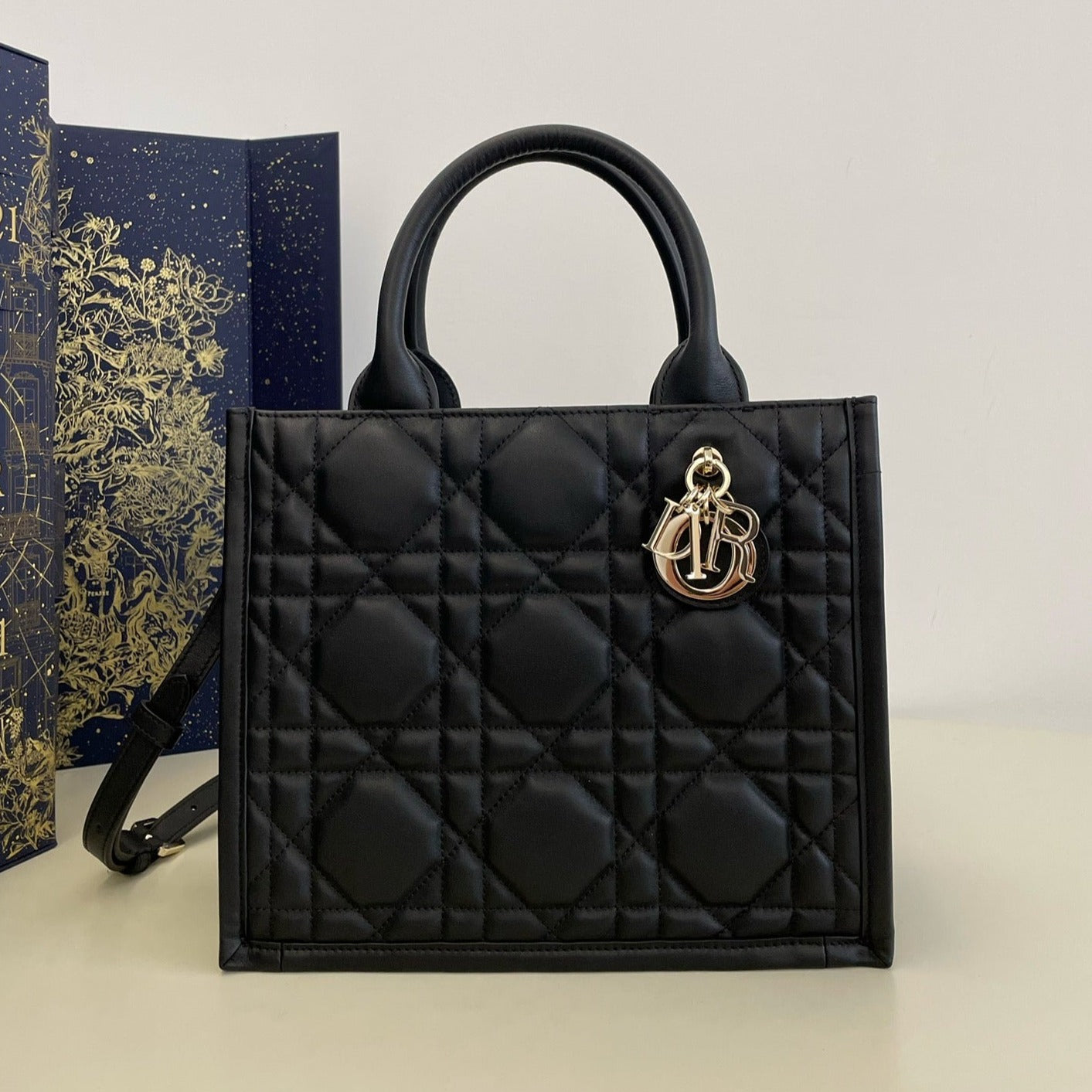 Luxury Diorsmall book tote 26 black lambskin gold hardware