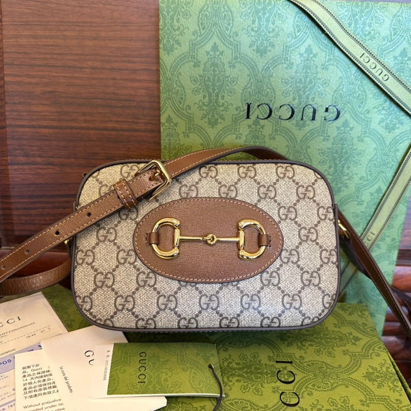 Luxury Gucci GG 20 HORSEBIT 1955 SMALL BAG IN BEIGE CANVAS AND BROWN CALFSKIN