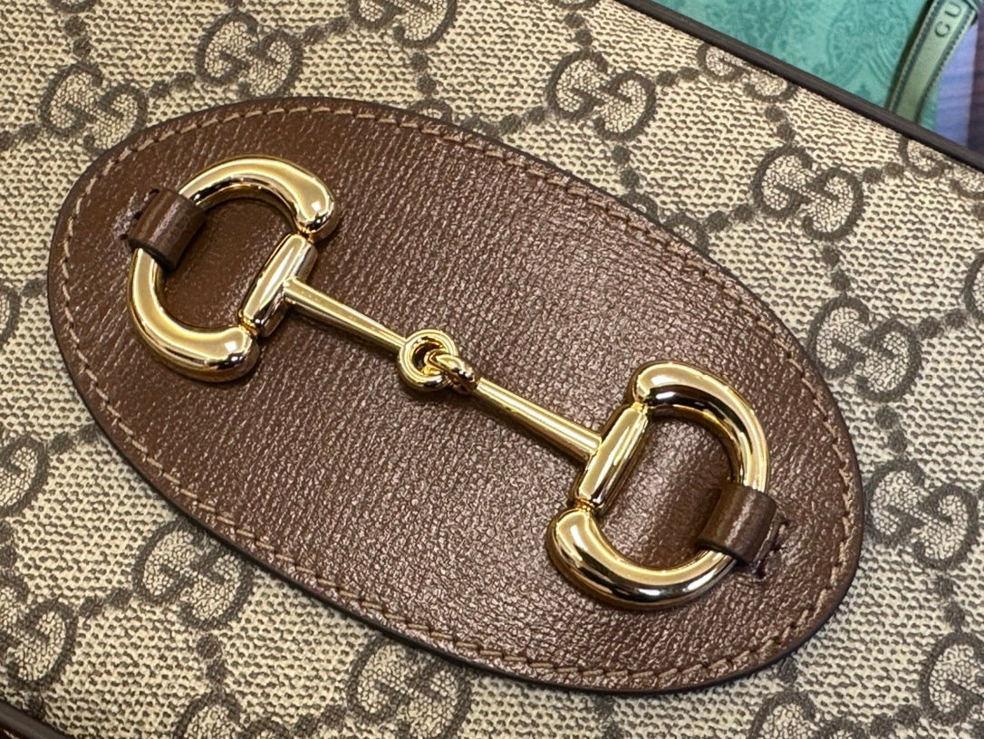 Luxury Gucci GG 20 HORSEBIT 1955 SMALL BAG IN BEIGE CANVAS AND BROWN CALFSKIN