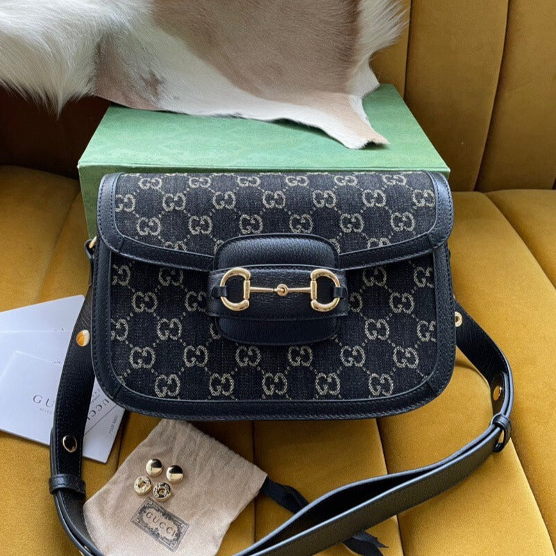 Luxury Gucci GG HORSEBIT 1955 MINI BAG 25 IN BLACK DENIM