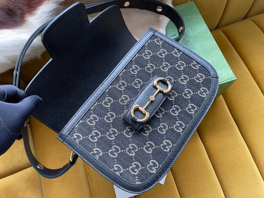 Luxury Gucci GG HORSEBIT 1955 MINI BAG 25 IN BLACK DENIM