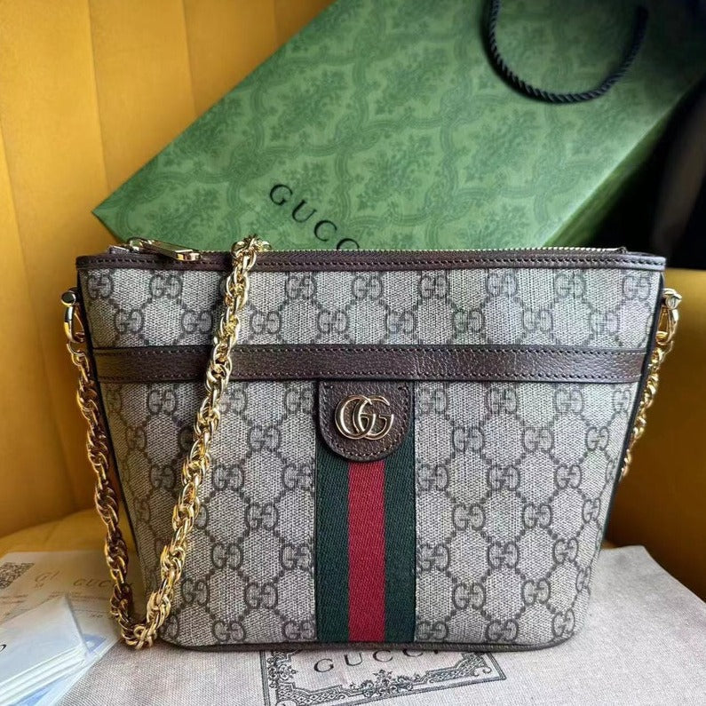 Luxury Gucci OPHIDIA 21 GG SMALL SHOULDER BAG IN BEIGE CANVAS AND BROWN CALFSKIN