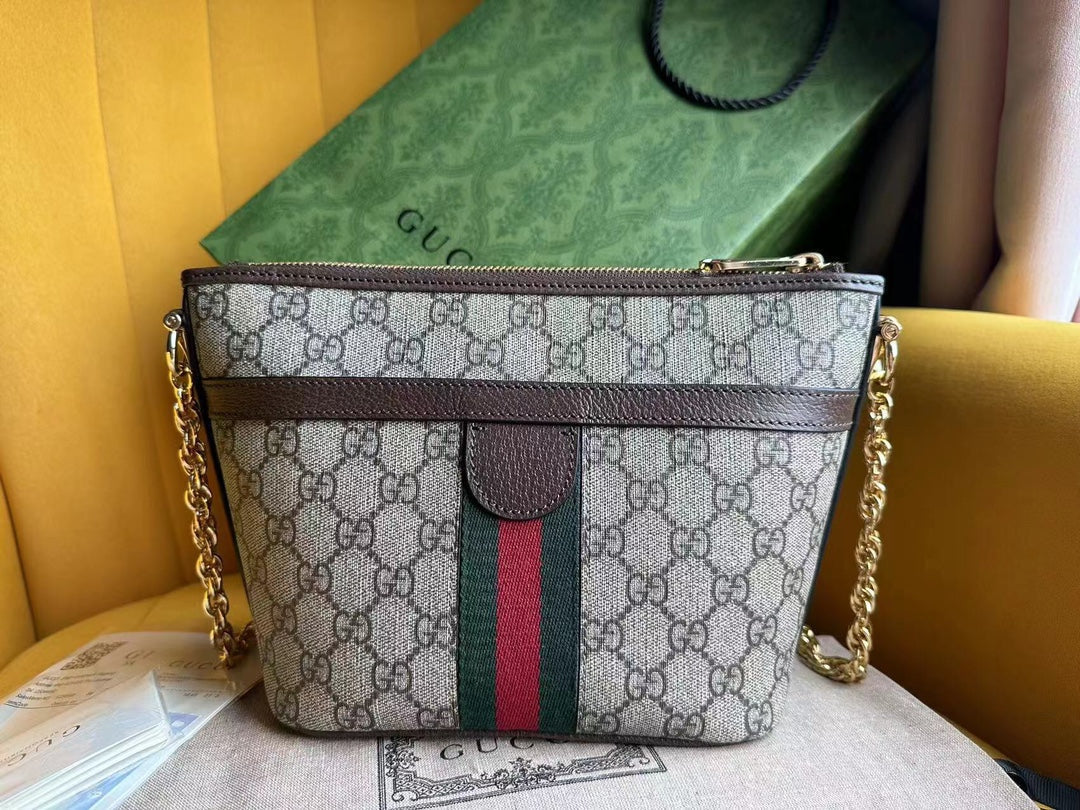 Luxury Gucci OPHIDIA 21 GG SMALL SHOULDER BAG IN BEIGE CANVAS AND BROWN CALFSKIN