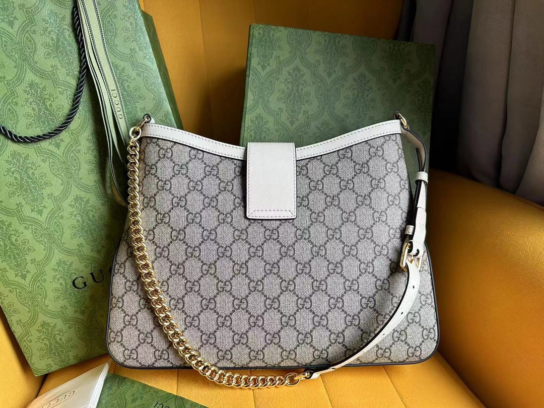 Luxury Gucci GG PADLOCK 32 SHOULDER BAG BEIGE CANVAS AND WHITE CALFSKIN