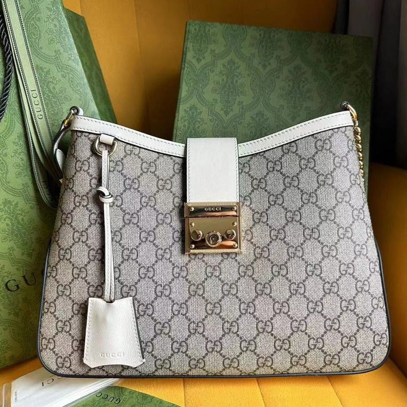 Luxury Gucci GG PADLOCK 32 SHOULDER BAG BEIGE CANVAS AND WHITE CALFSKIN