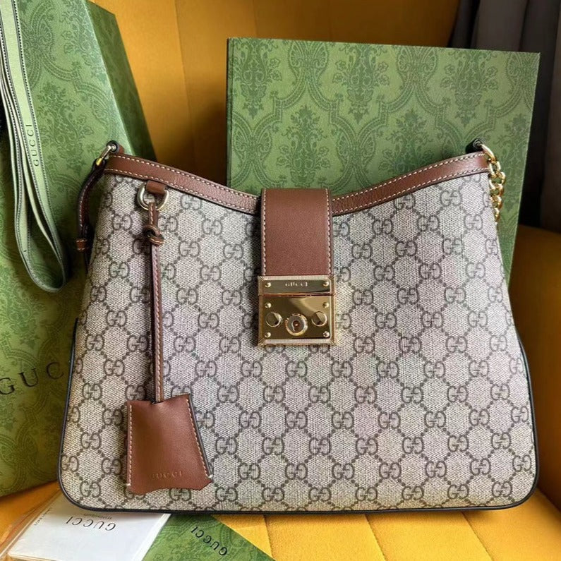 Luxury Gucci GG PADLOCK 32 SHOULDER BAG BEIGE CANVAS AND BROWN CALFSKIN