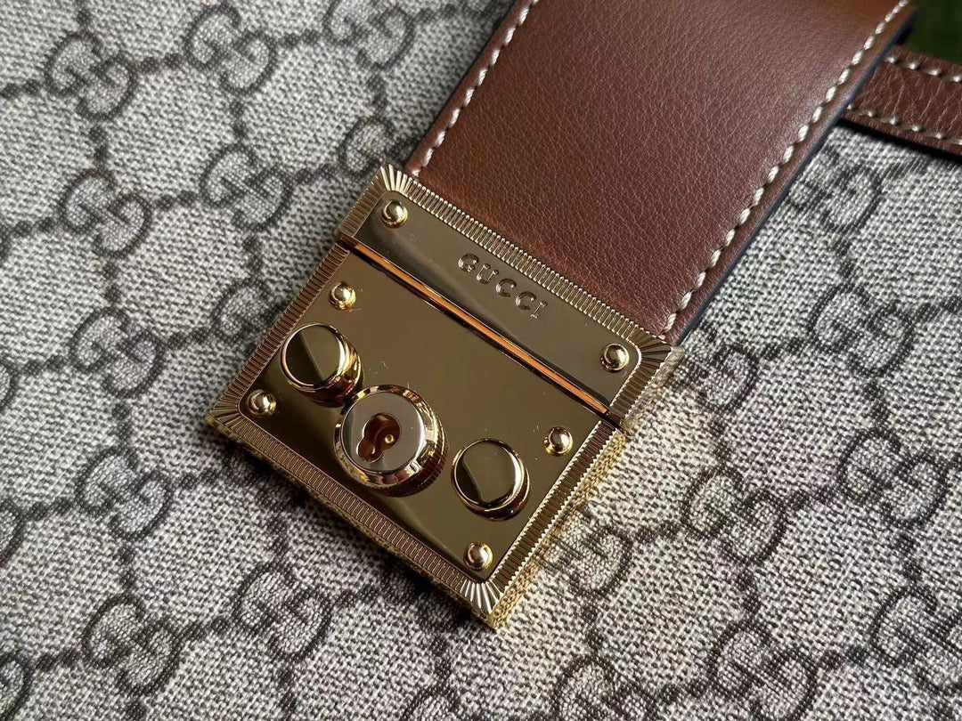 Luxury Gucci GG PADLOCK 32 SHOULDER BAG BEIGE CANVAS AND BROWN CALFSKIN