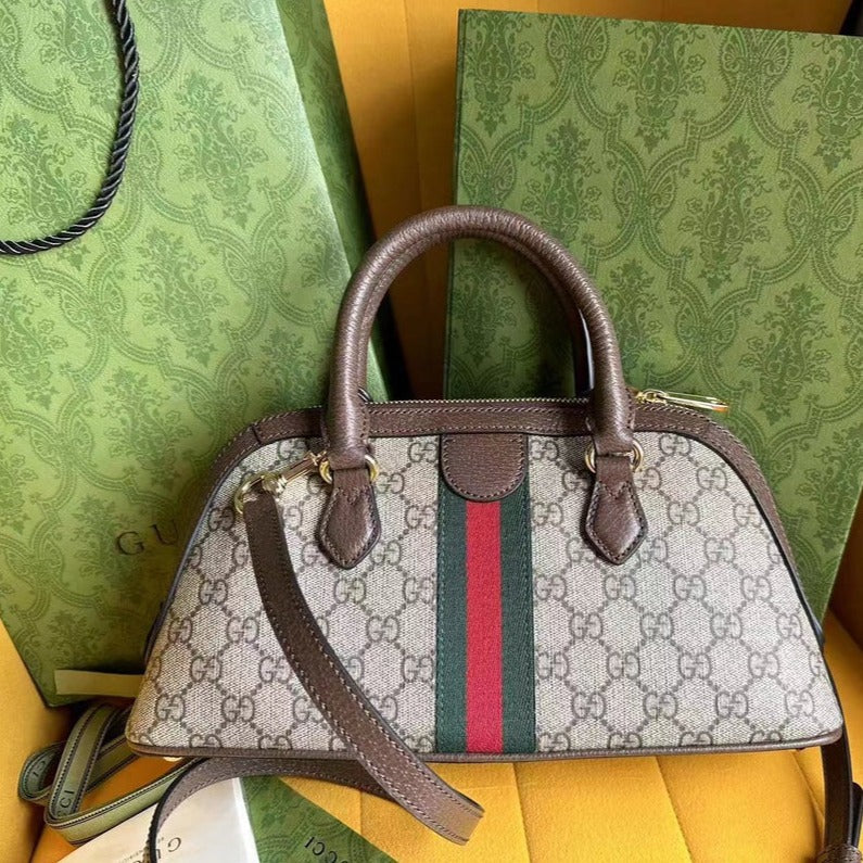 Luxury Gucci OPHIDIA 31 SMALL TOP HANDLE BAG IN BEIGE CANVAS AND BROWN CALFSKIN