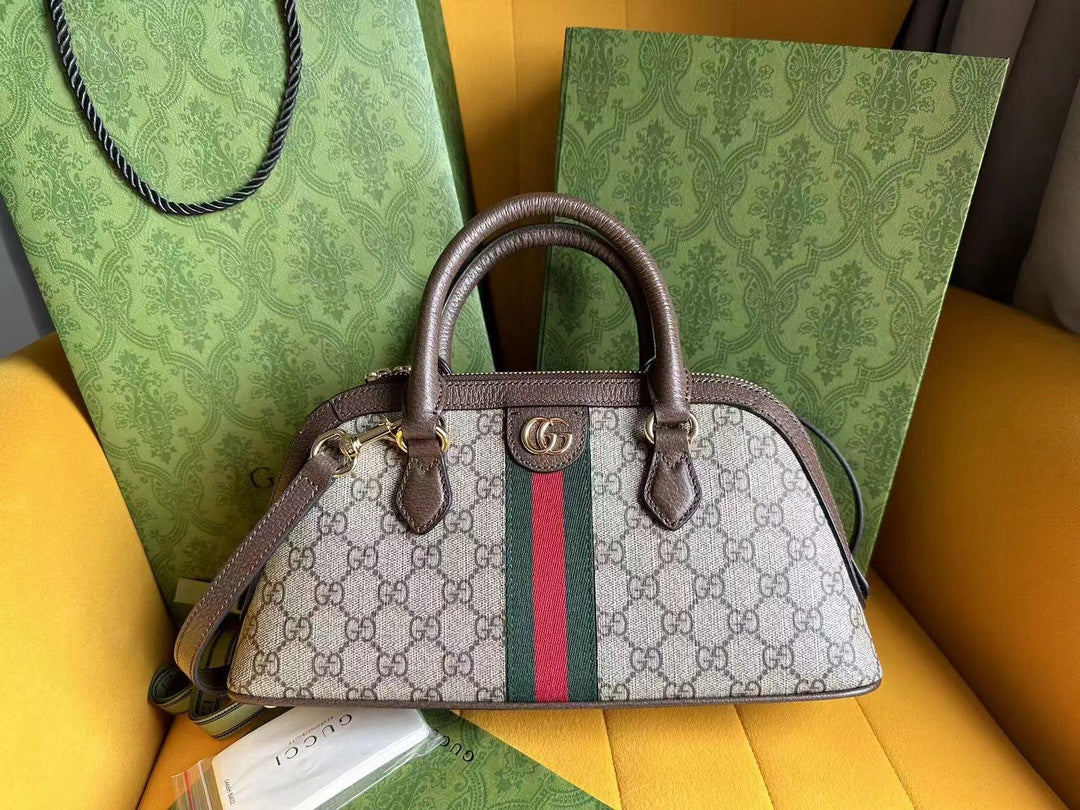 Luxury Gucci OPHIDIA 31 SMALL TOP HANDLE BAG IN BEIGE CANVAS AND BROWN CALFSKIN