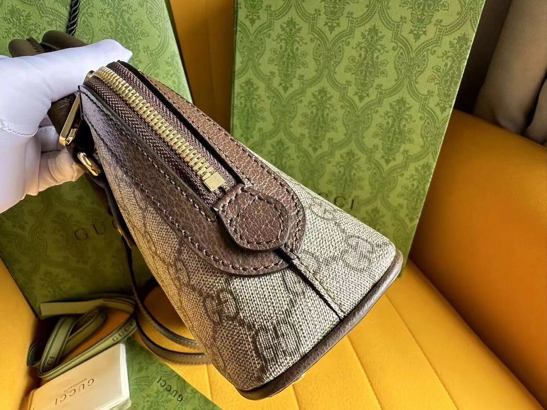 Luxury Gucci OPHIDIA 31 SMALL TOP HANDLE BAG IN BEIGE CANVAS AND BROWN CALFSKIN