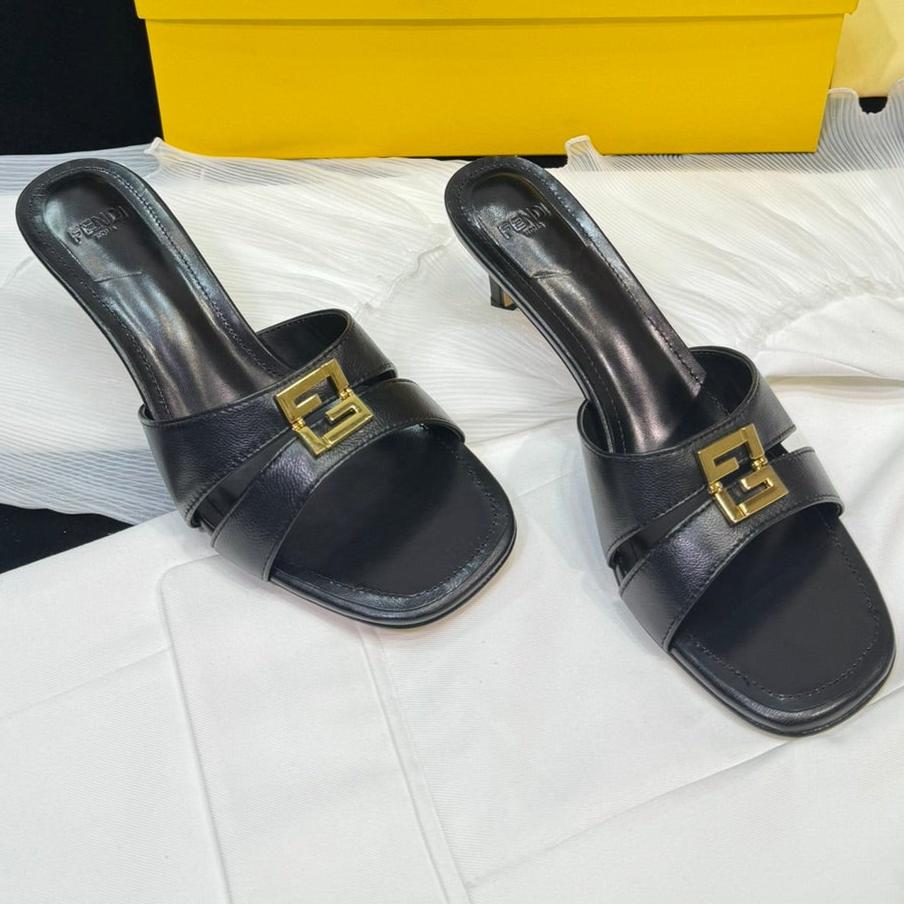 Luxury FendiLuxury FendiMEDIUM-HEELED 55 MM MULE IN BLACK LAMBSKIN WITH GOLD HARDWARE