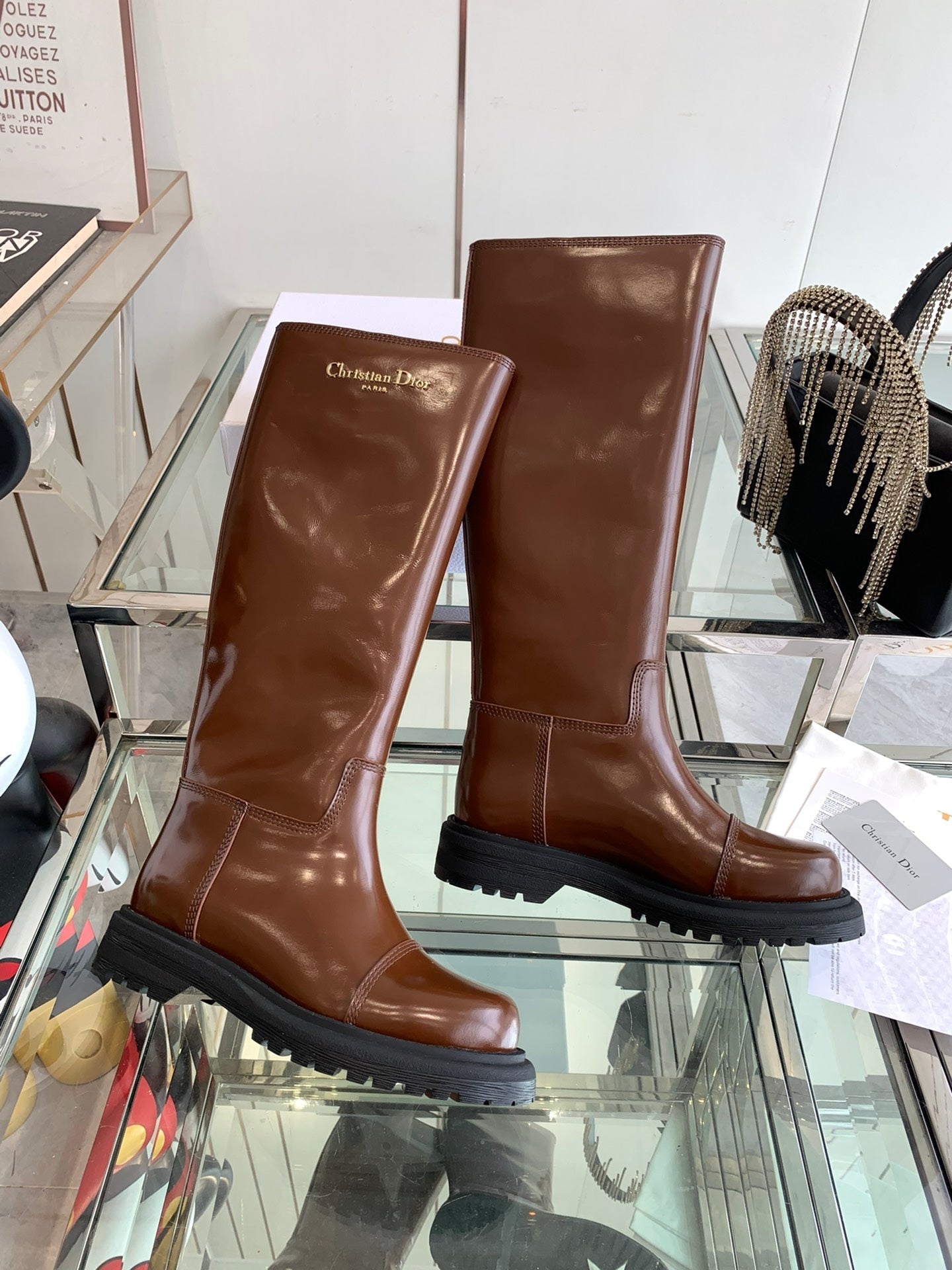 Luxury Dior DIORebel Boot Glossy Brown Calfskin