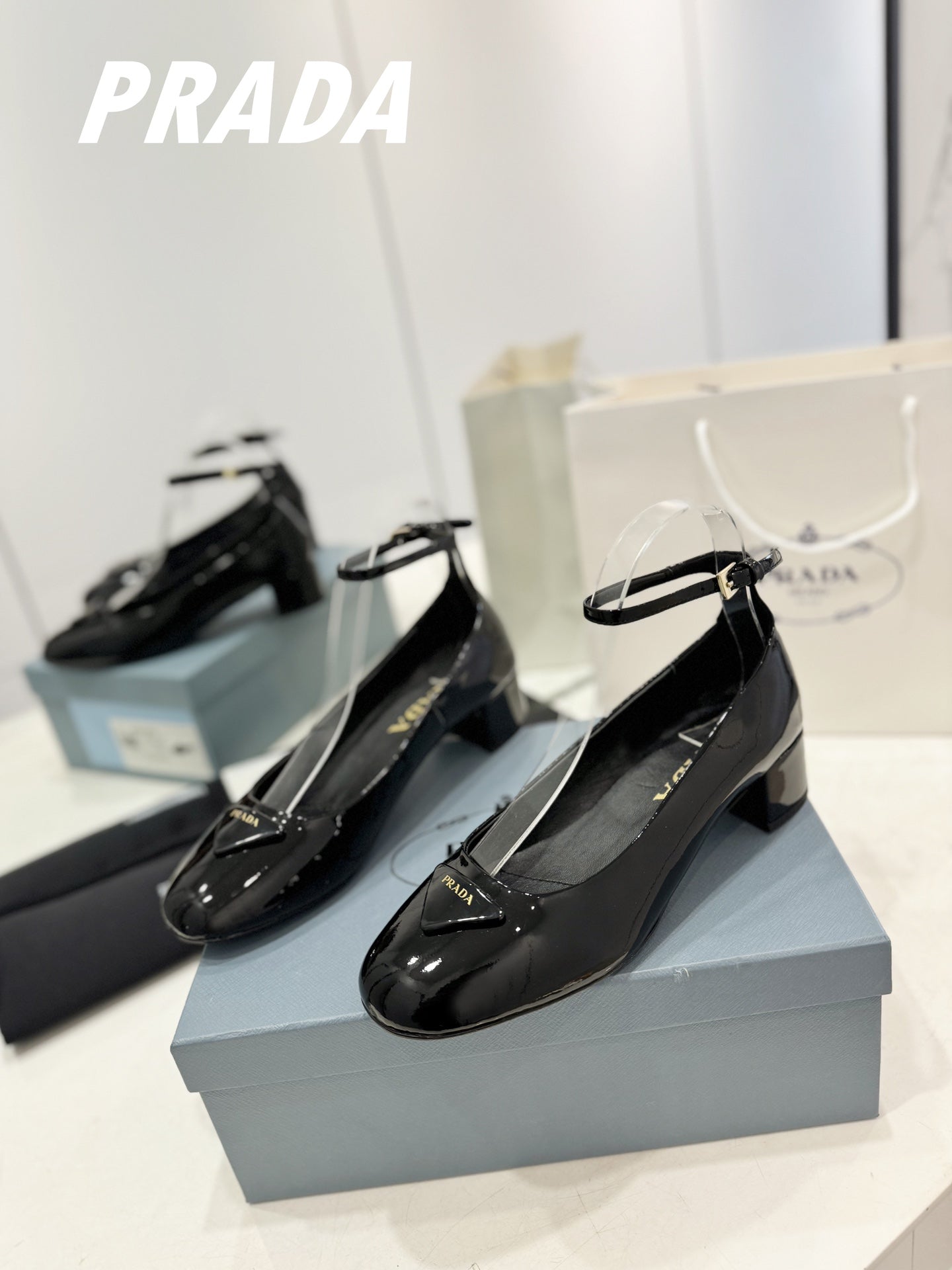 Luxury PradaPumps 40 Square Sole Black Patent Leather