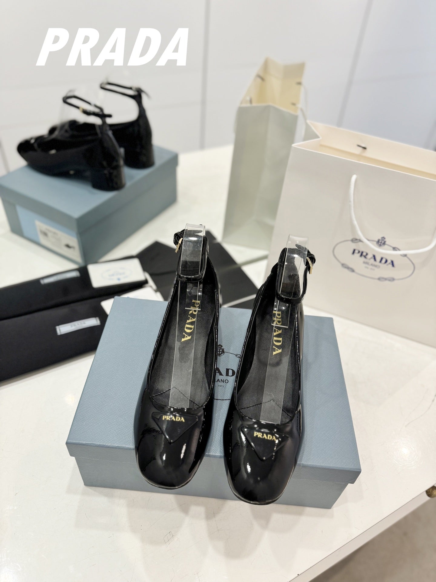 Luxury PradaPumps 40 Square Sole Black Patent Leather