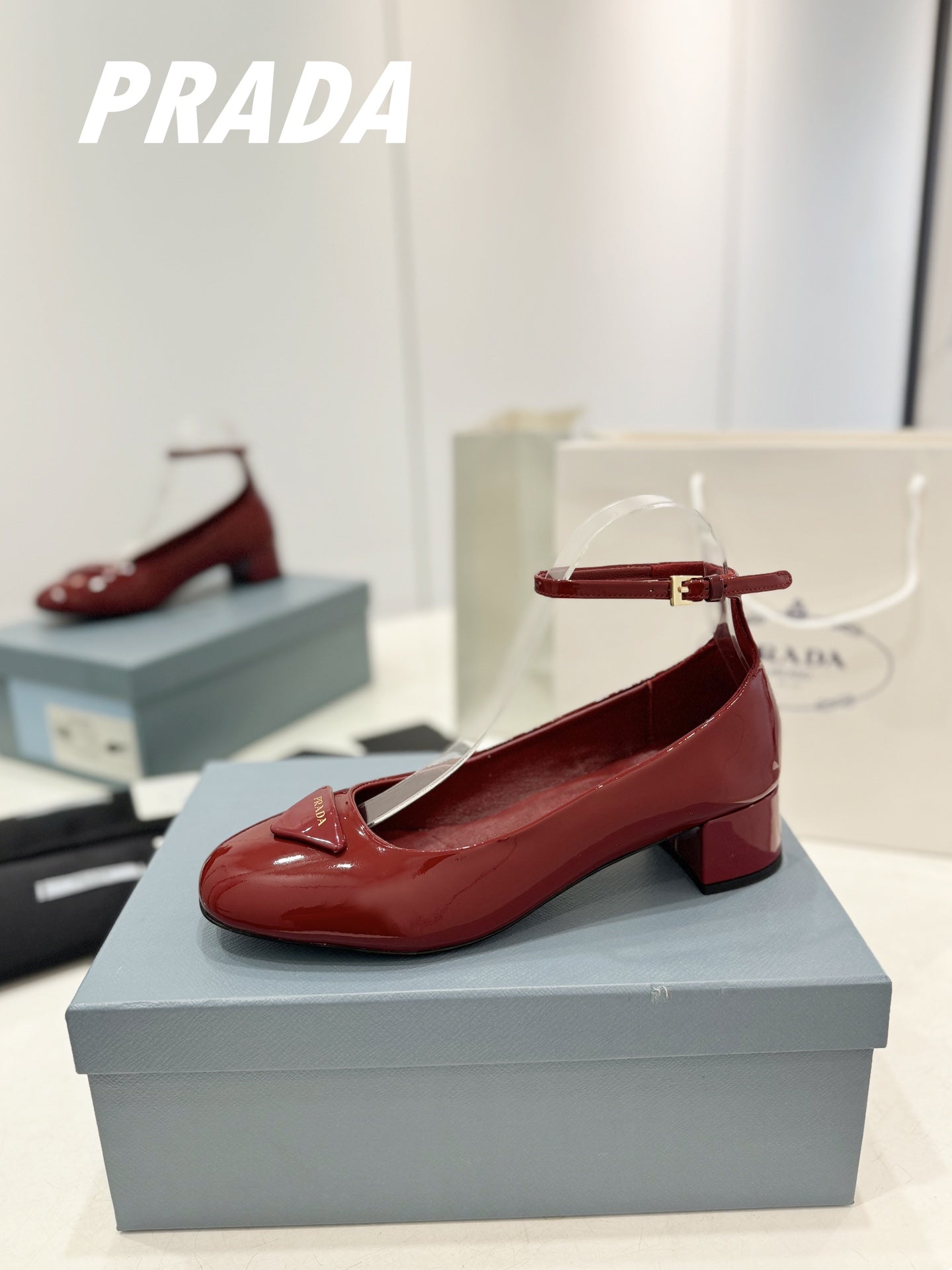 Luxury PradaPumps 40 Square Sole Wine Patent Leather