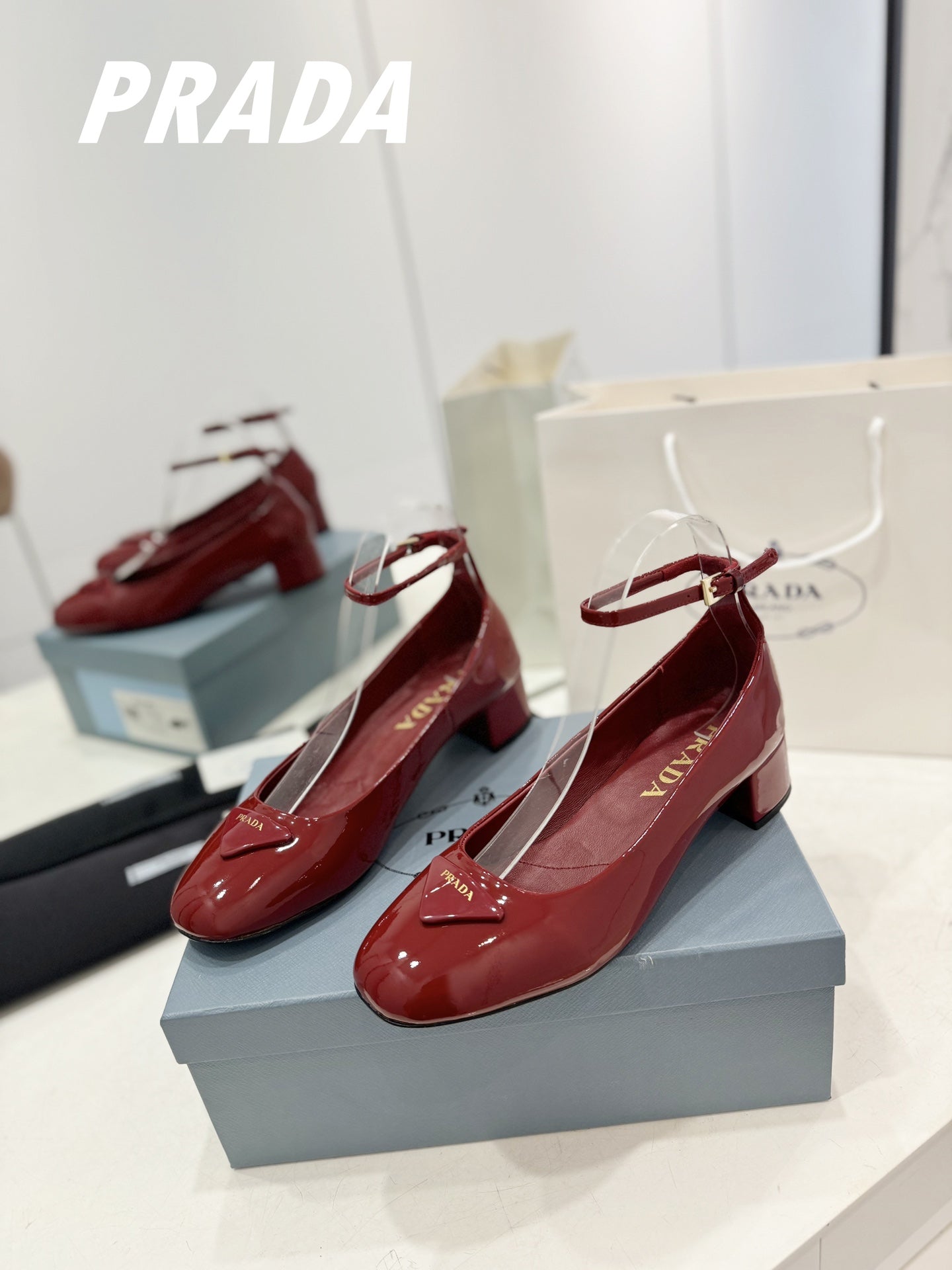 Luxury PradaPumps 40 Square Sole Wine Patent Leather