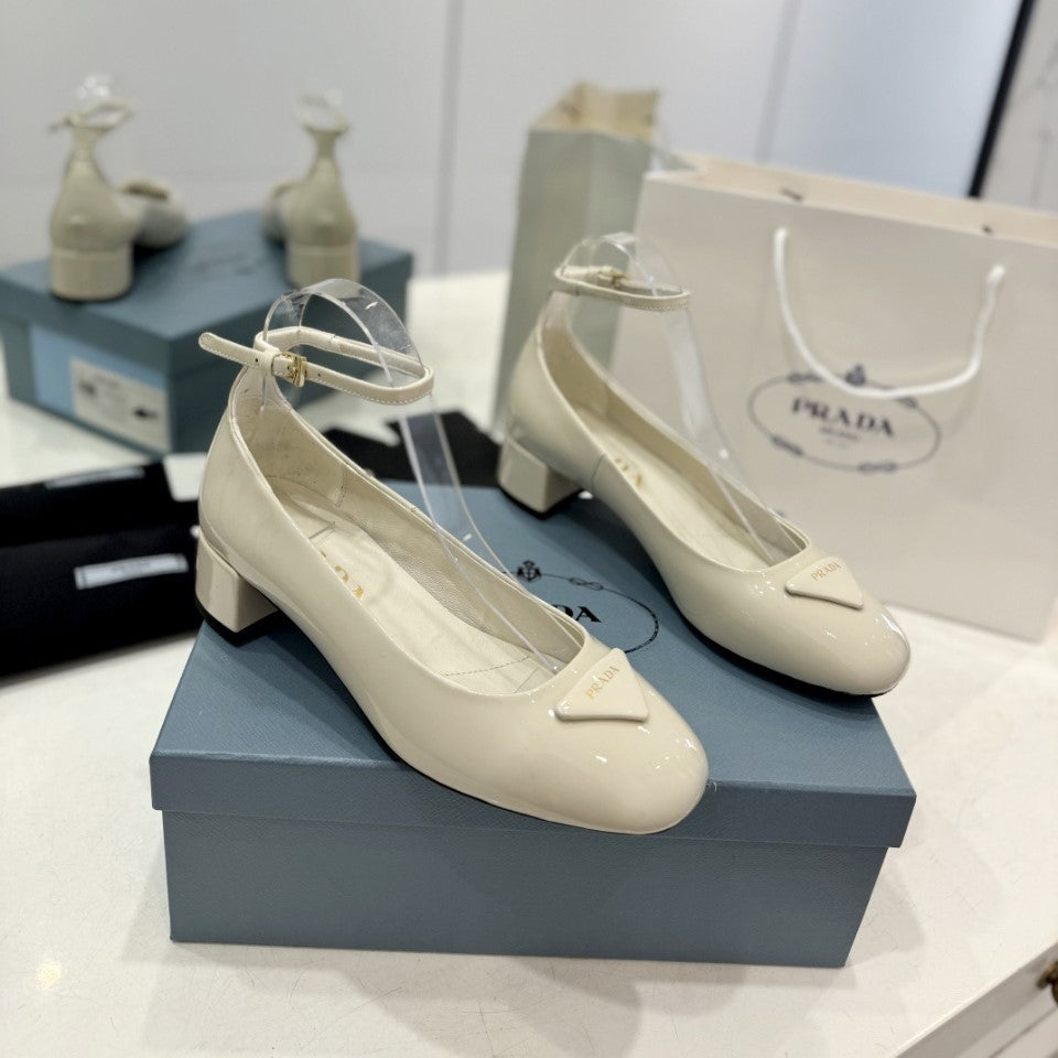Luxury PradaPumps 40 Square Sole White Patent Leather