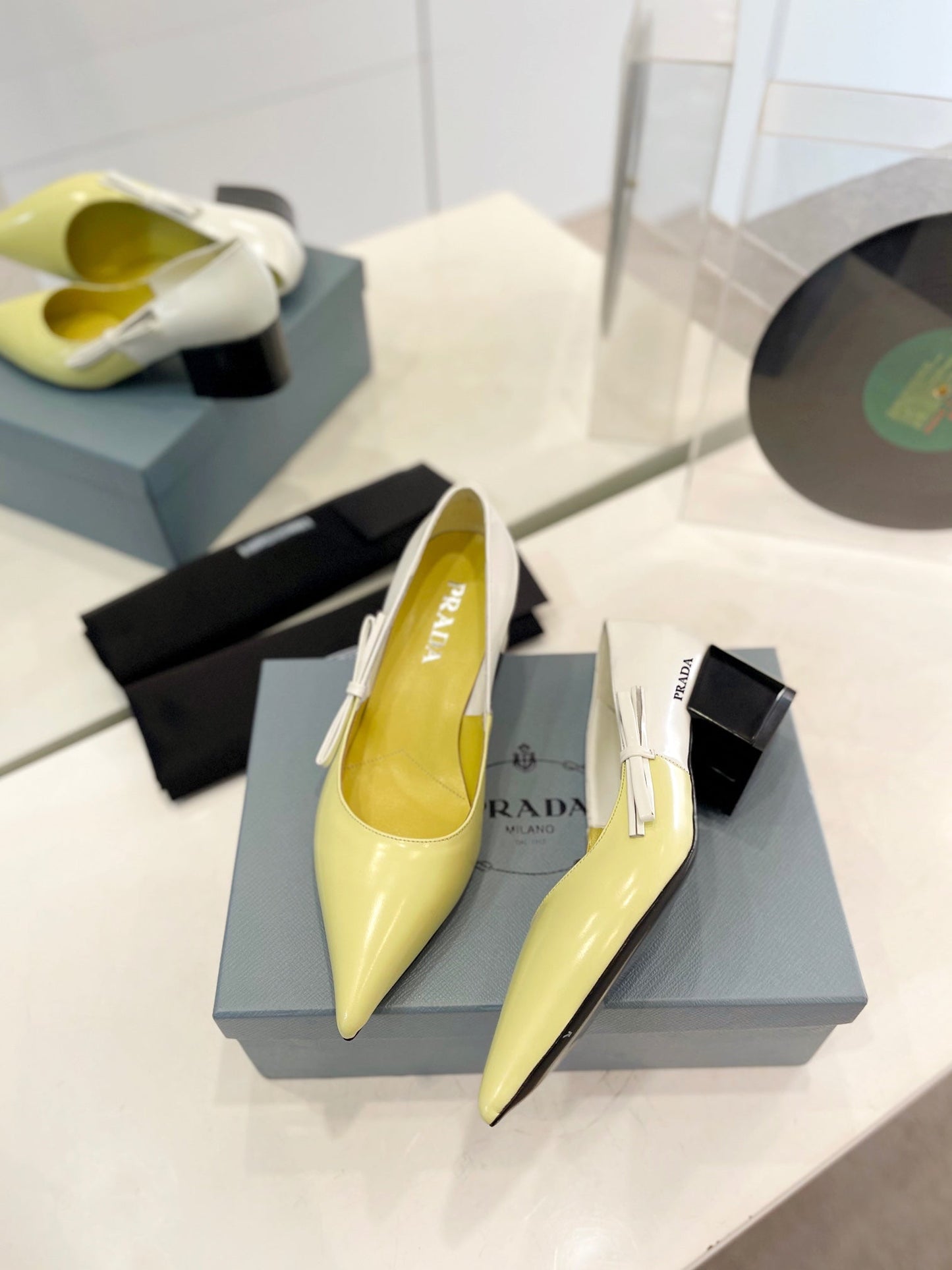 Luxury PradaPump 45 Square Sole Vanilla White Patent Leather