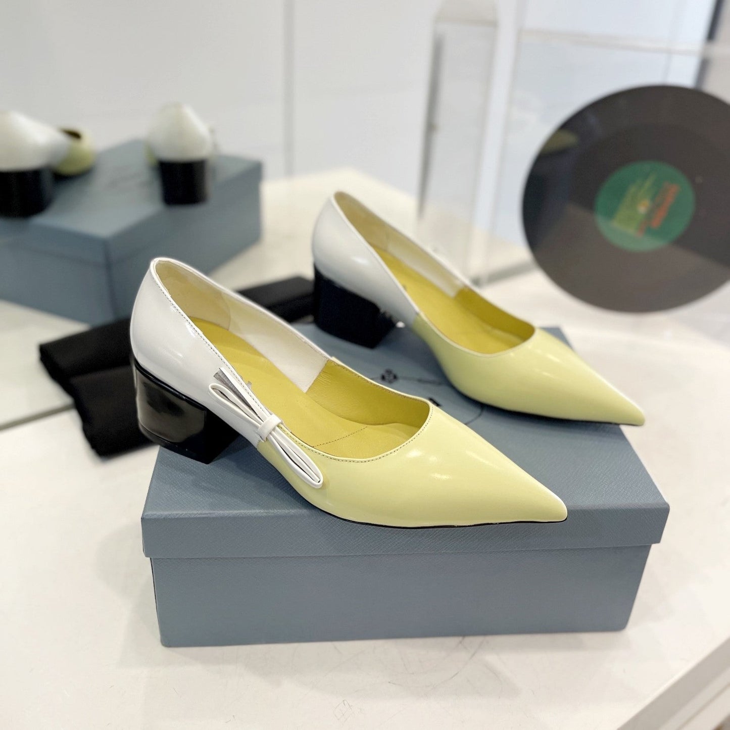 Luxury PradaPump 45 Square Sole Vanilla White Patent Leather