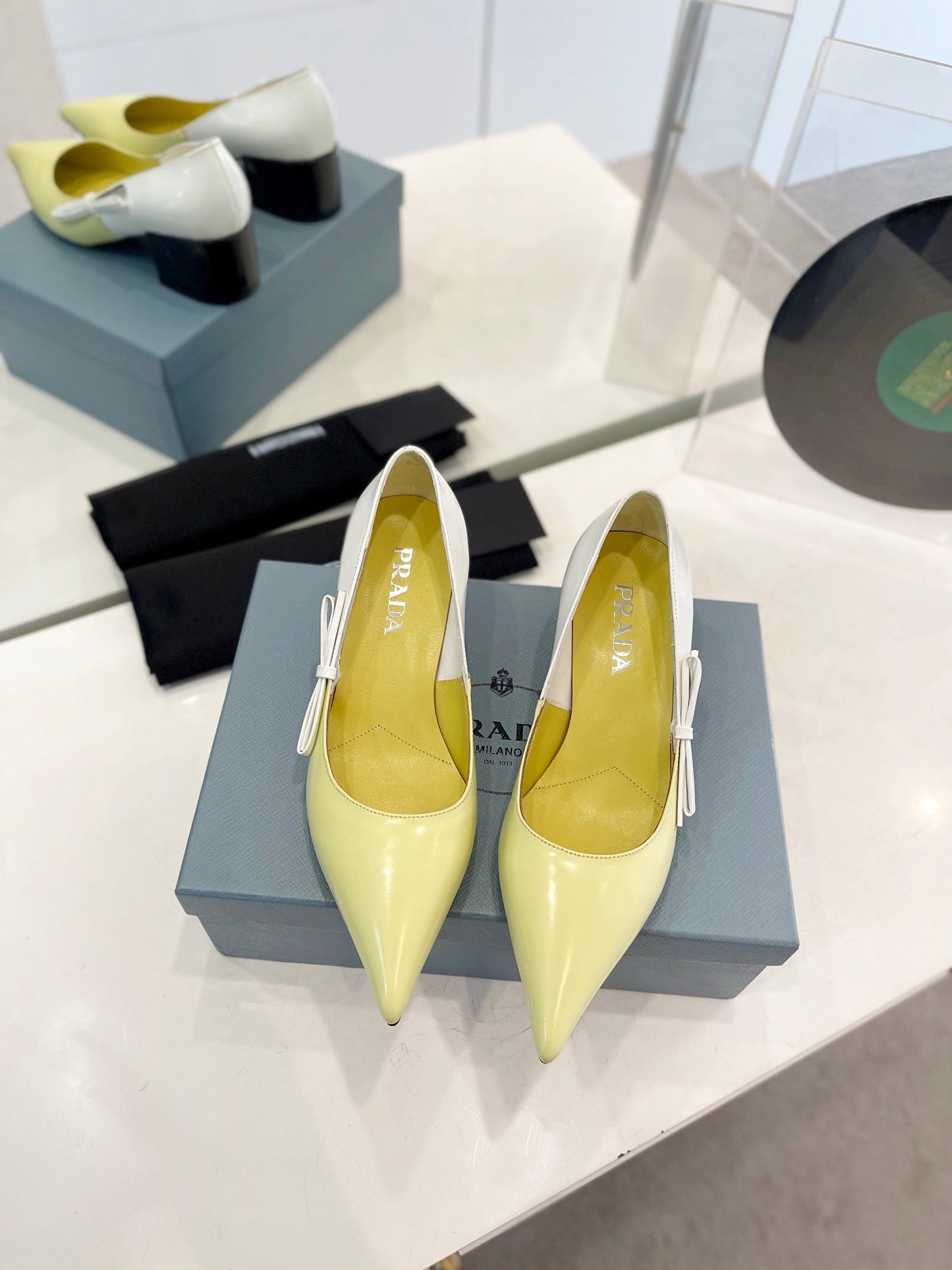 Luxury PradaPump 45 Square Sole Vanilla White Patent Leather