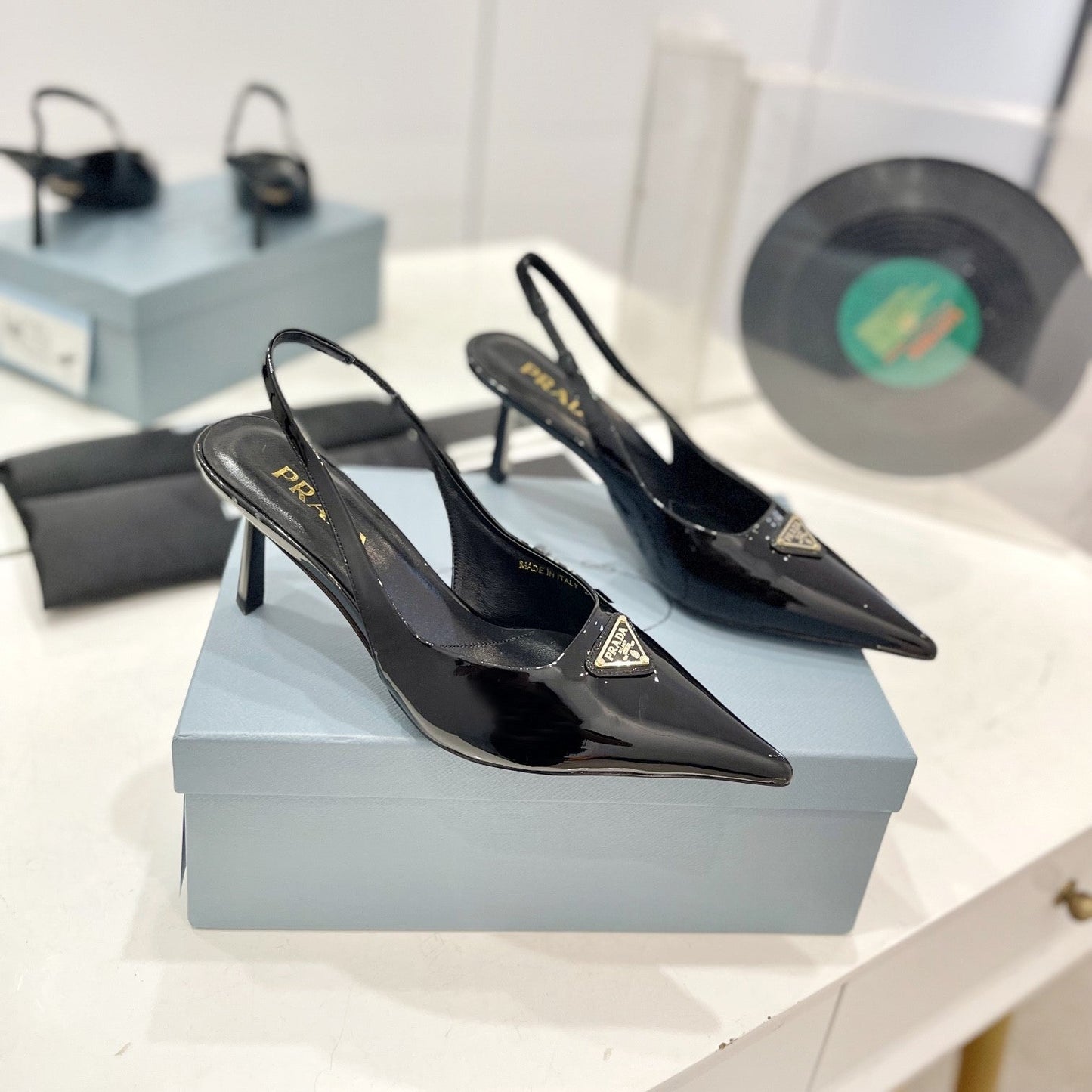 Luxury PradaSlingback Pumps 75 Black Patent Leather
