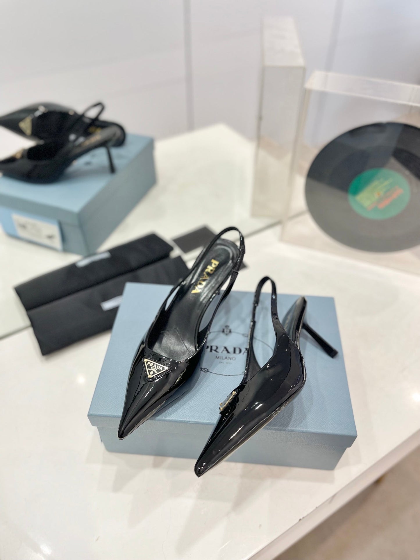 Luxury PradaSlingback Pumps 75 Black Patent Leather