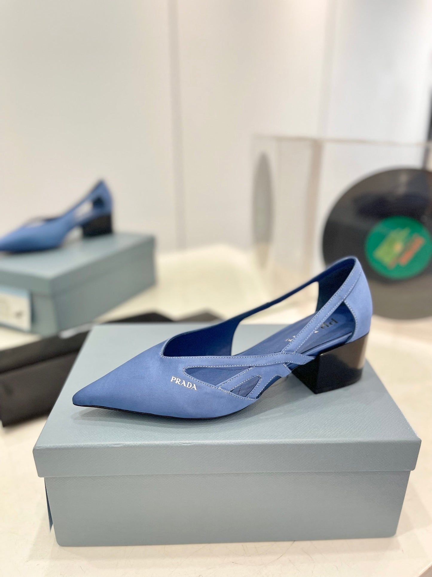 Luxury PradaPumps 50 Square Sole Light Blue Suede Fabric