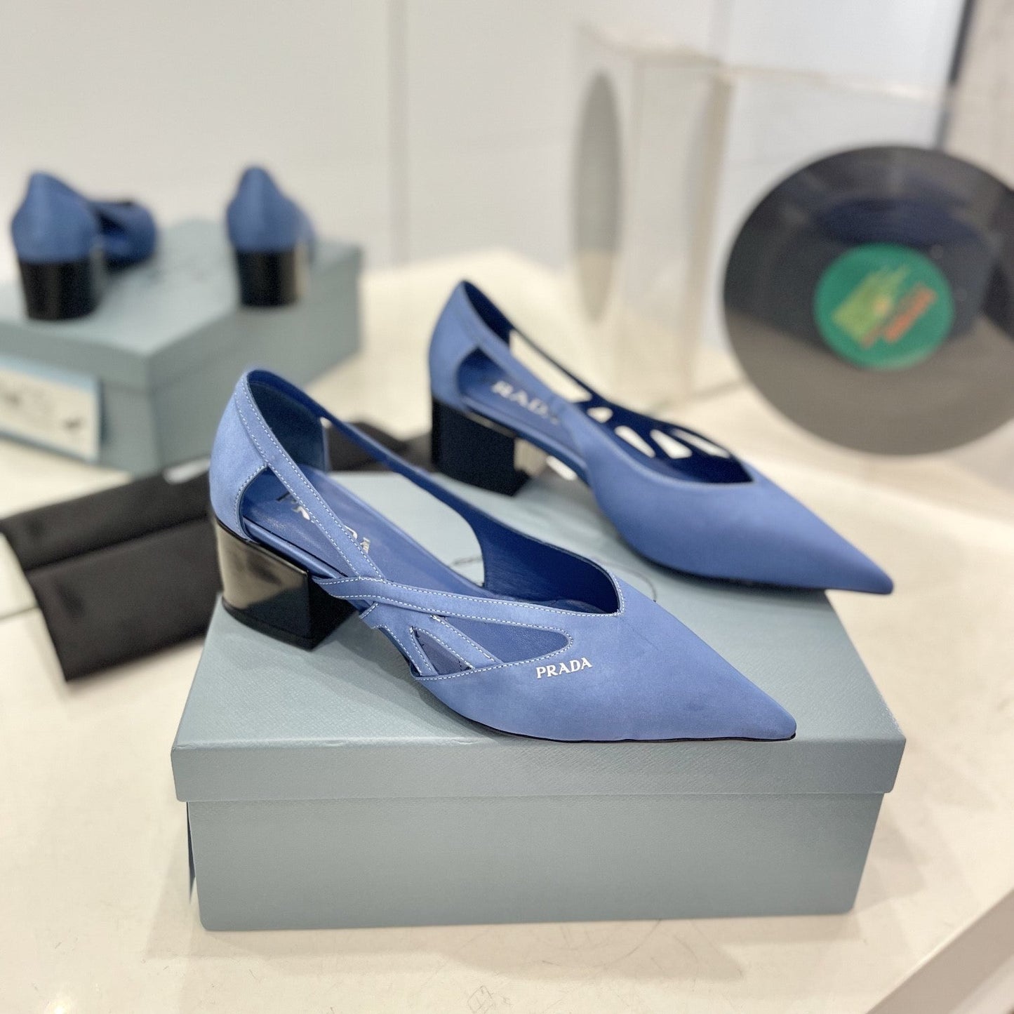 Luxury PradaPumps 50 Square Sole Light Blue Suede Fabric