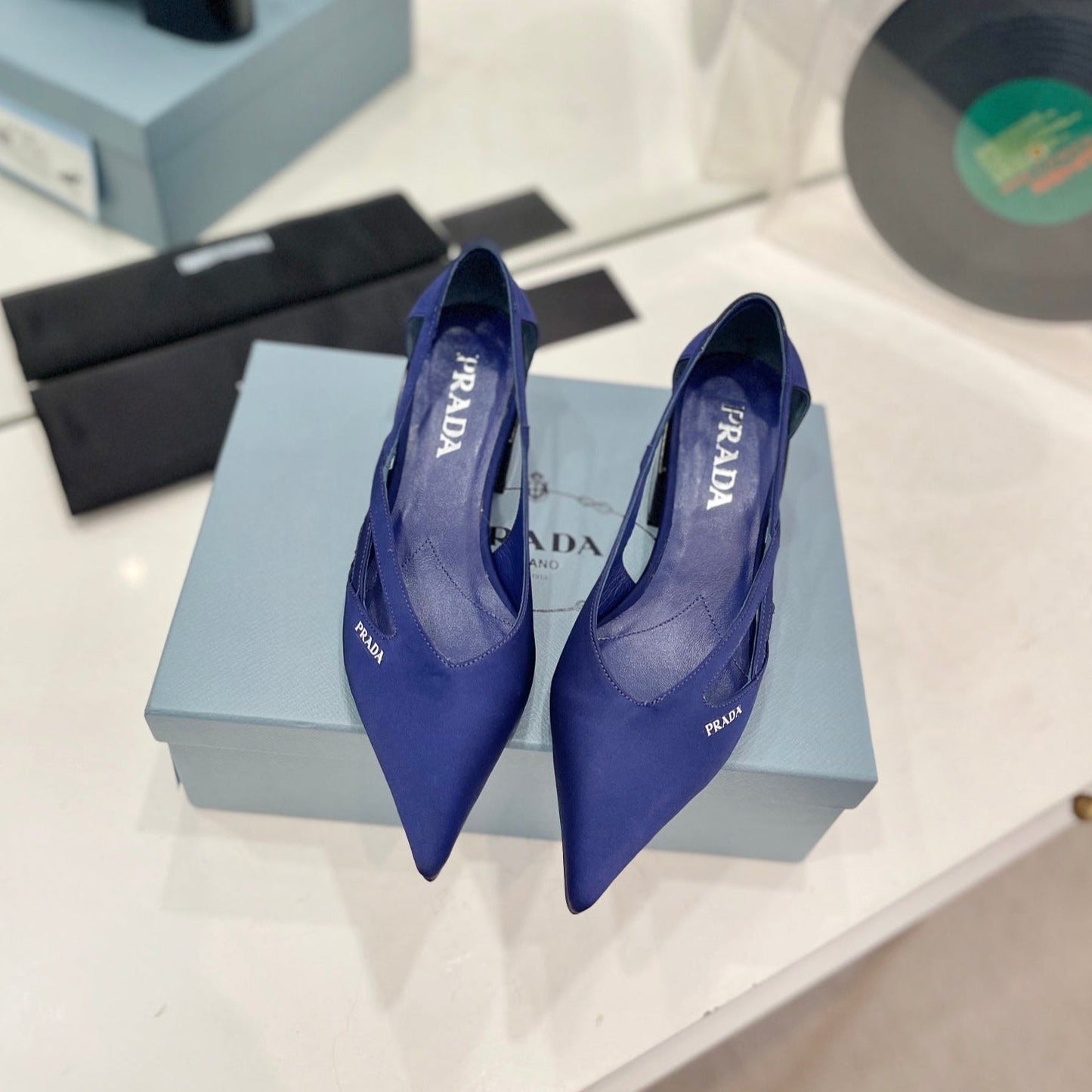 Luxury PradaSTRAP CUT-OUT PUMPS NAVY SATIN
