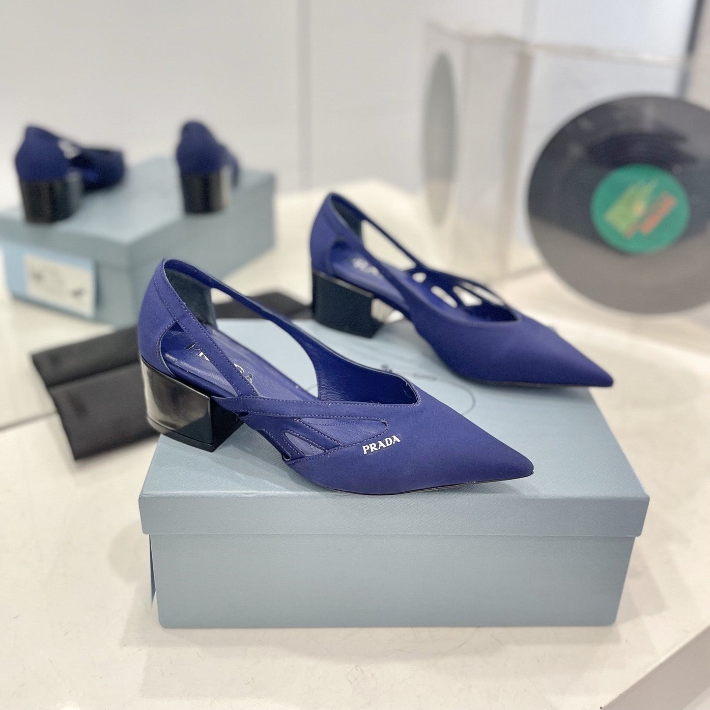 Luxury PradaPumps 50 Square Sole Blue Suede Fabric