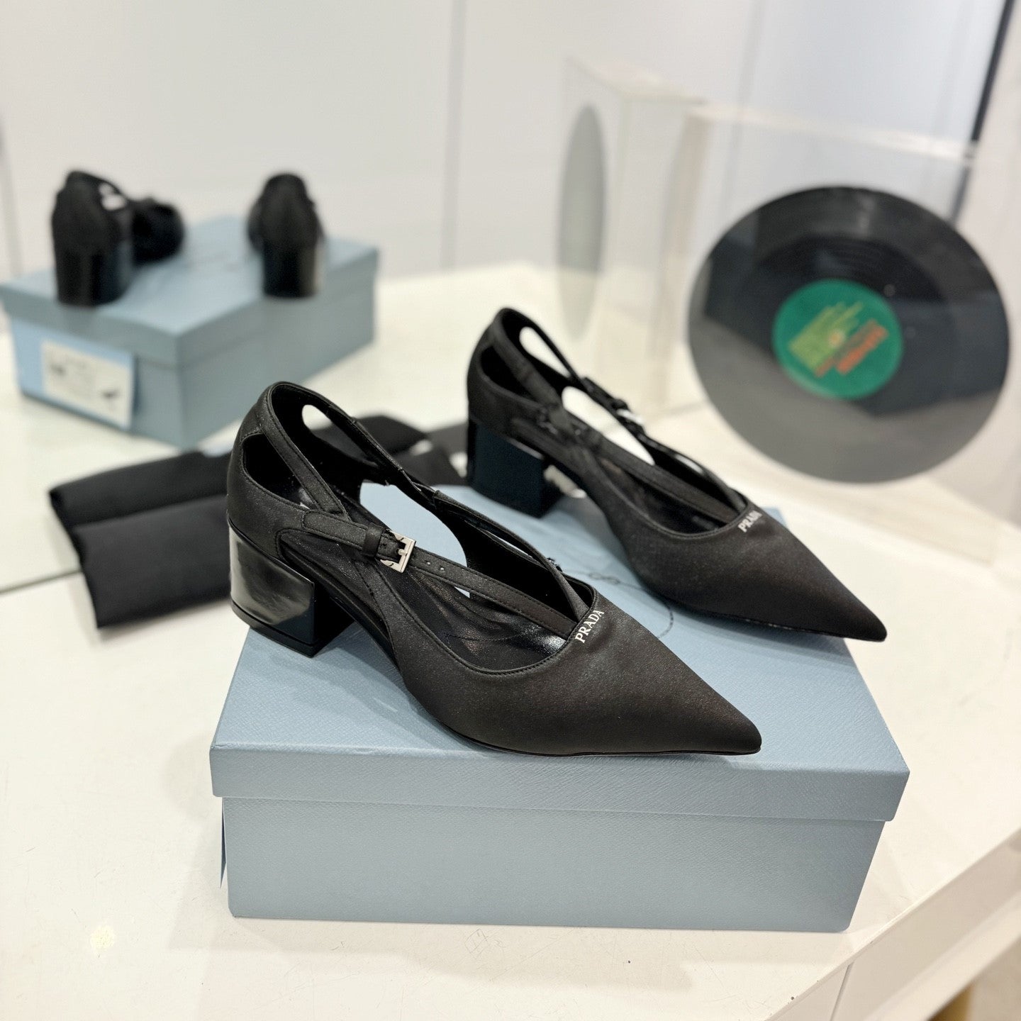 Luxury PradaPumps 50 Square Sole Black Suede Fabric